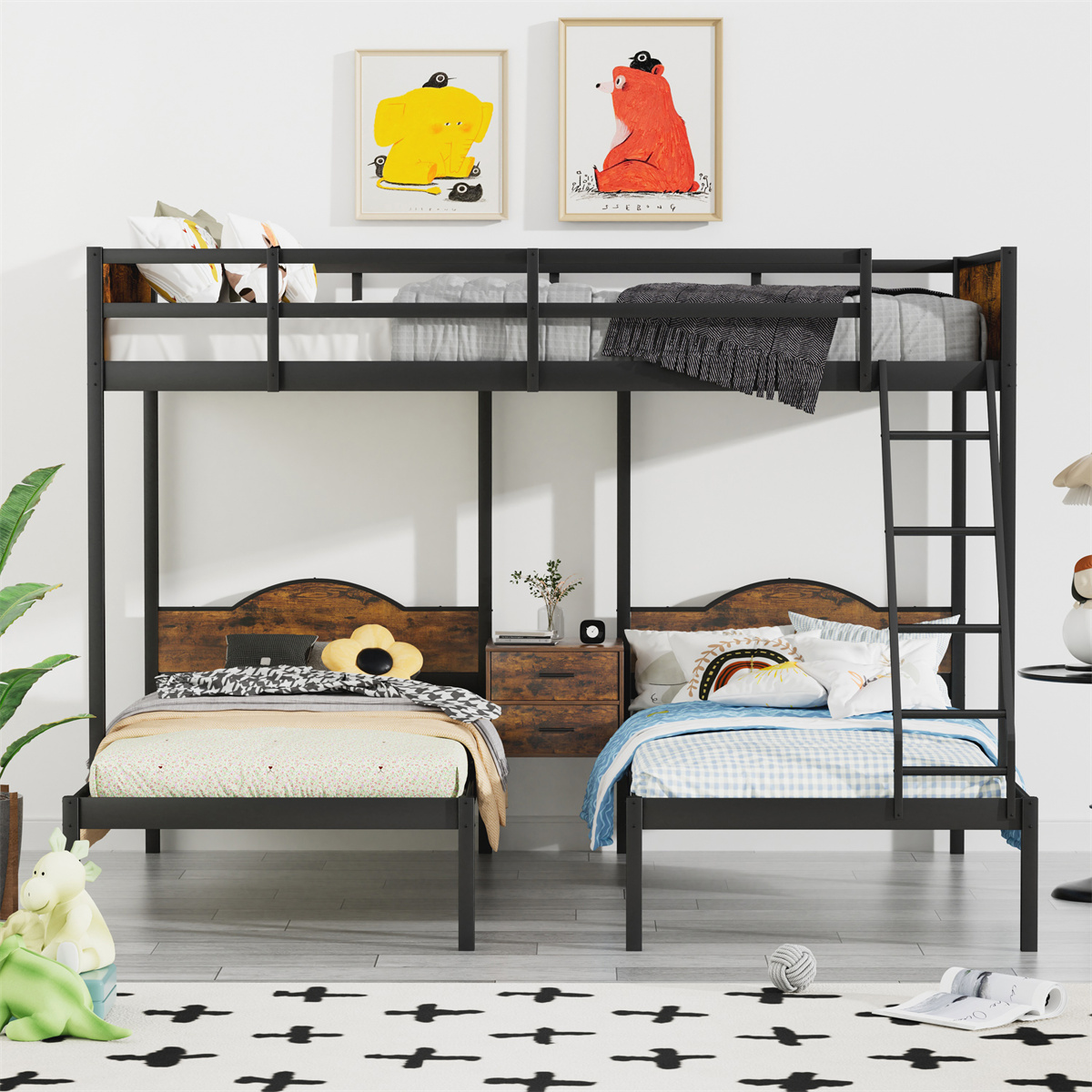 Full Over Twin & Twin Bunk Bed Metal Triple Bed With Nightstand and Guardrails. Black & Brown, 96.9'' L x 76'' W x 69'' H