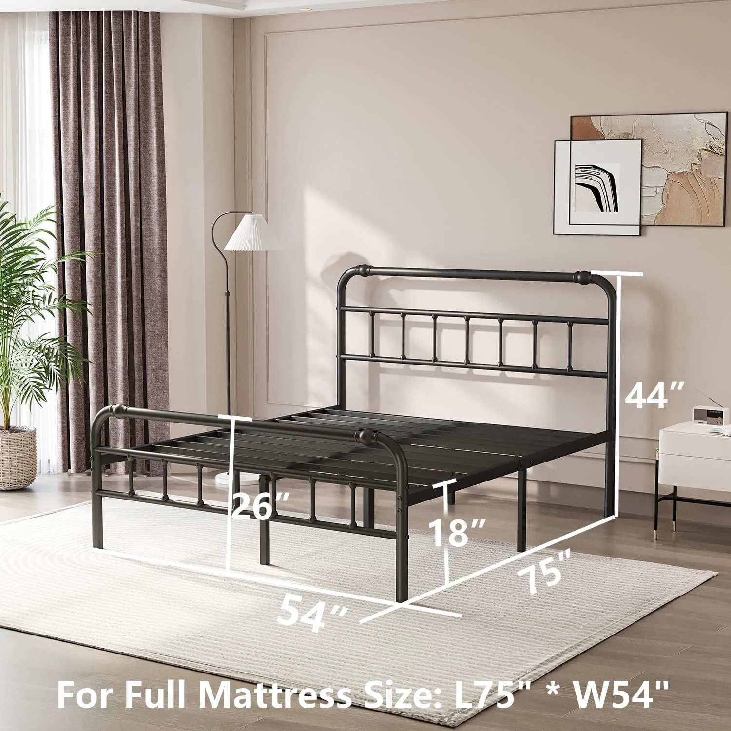 Full Size Bed Frame with Headbaord and Footboard, 18 Inches High, Heavy Duty 3500lbs Steel Slats Support, Easy to Assemble, Noise Free, No Box Sprig Needed, Black