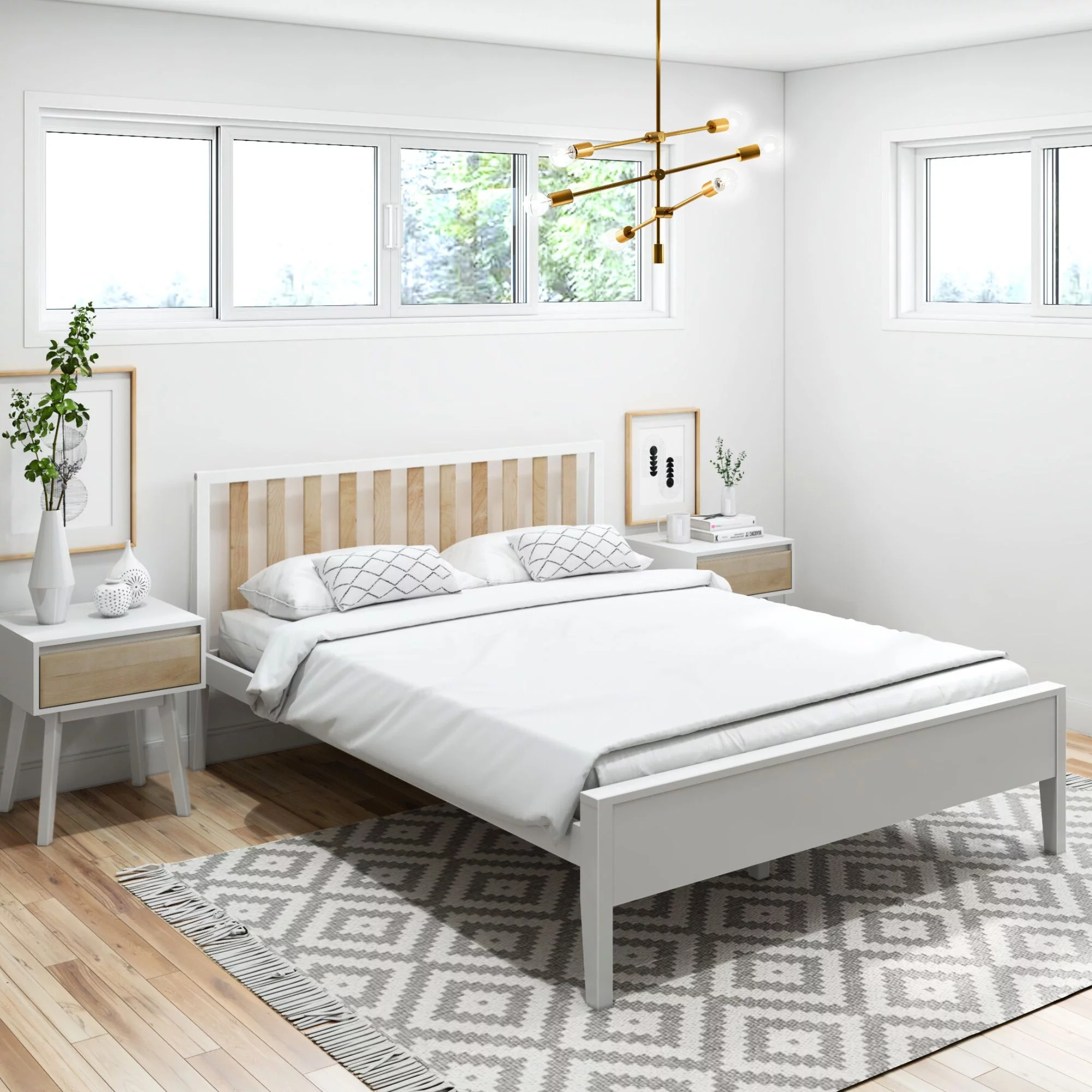 Plank+Beam Scandinavian Queen Bed Frame with Headboard, Solid Wood Adults Platform Bed, White/Blonde