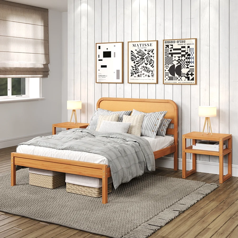 P’kolino Rattan Full Bed Frame with Headboard- FSC Certified Solid Wood- Natural, for Kids, Teens, Adults
