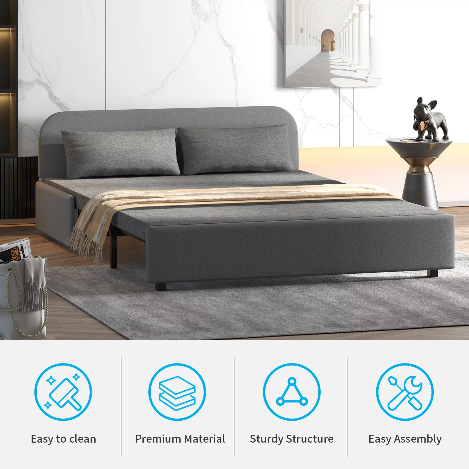 MUZZ Modern Twin Size Pull Out Convertible Sofa Bed,Reverible Linen Sofa Bed with 2 Pilliows and Matress,Sleeper Sofa Couch for Small Place/Apartment/Living Room/Bedroom (Dark Gray)