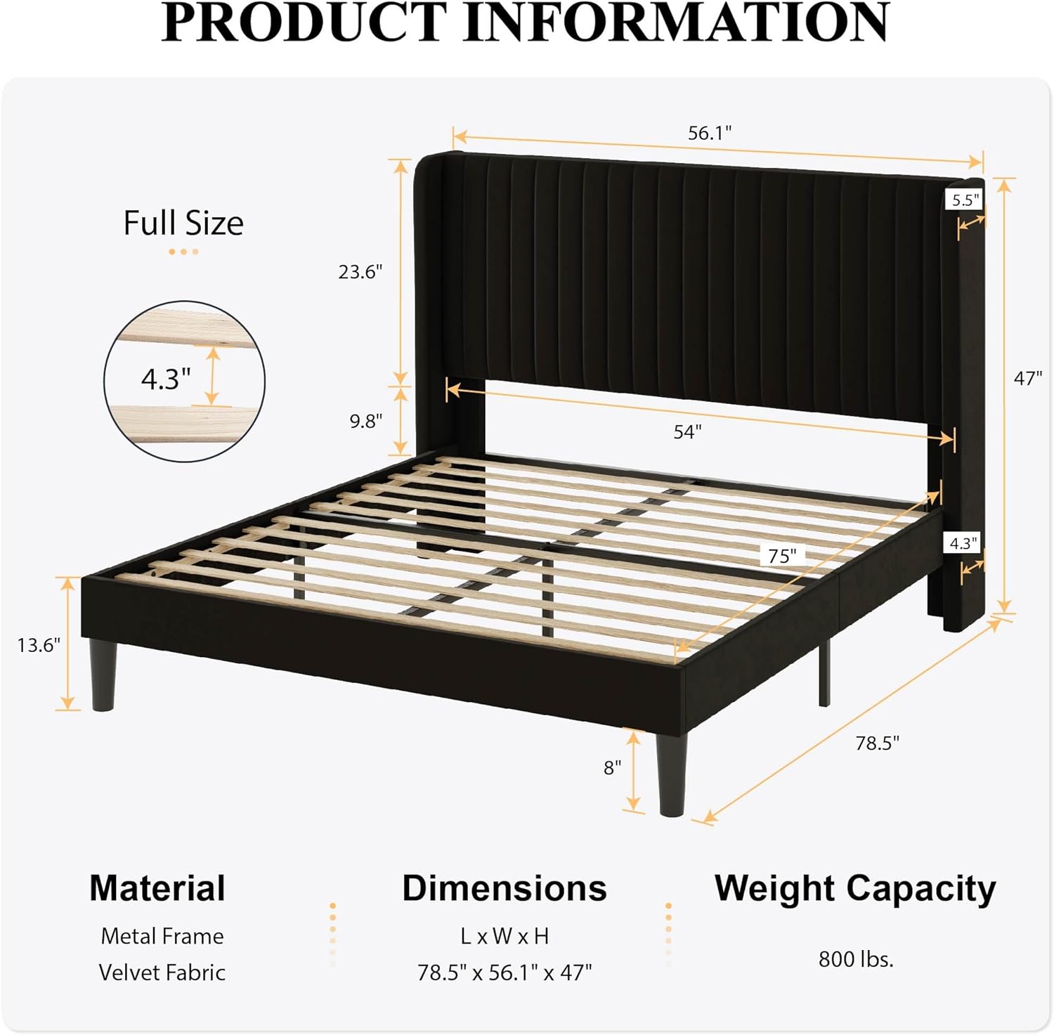OUWI Full Size Velvet Bed Frame with Vertical Channel Tufted Wingback Headboard, Upholstered Platform Bed with Wood Slats, No Box Spring Needed, Easy Assembly, Black