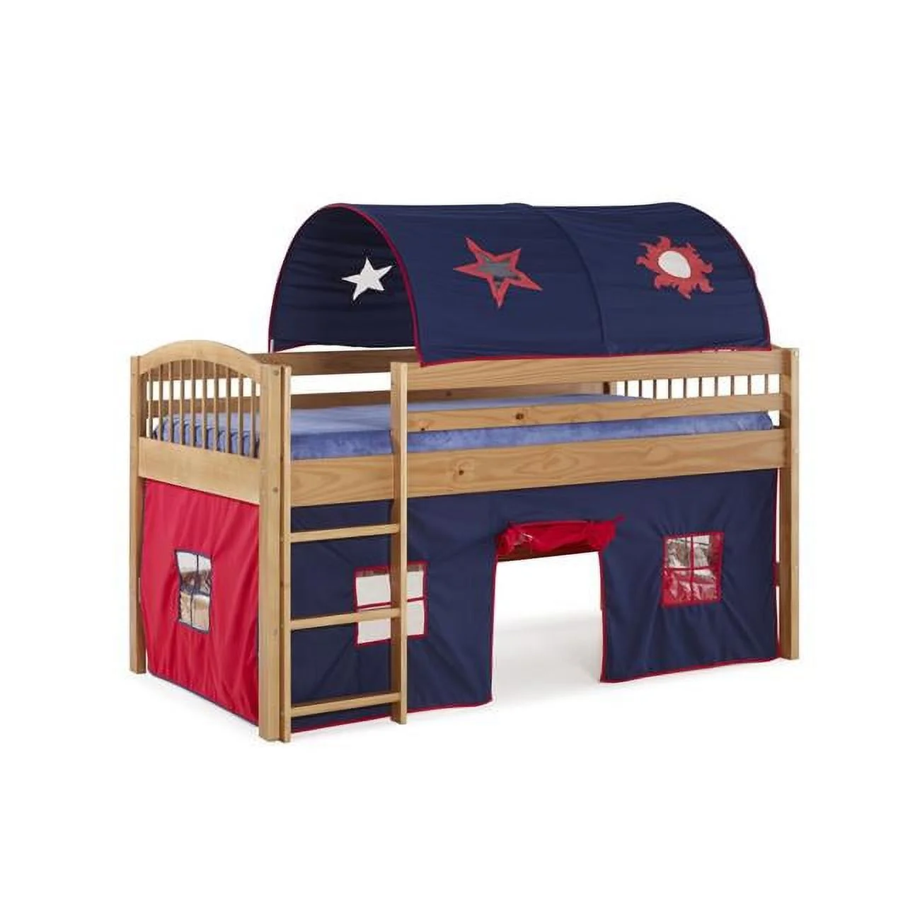 Addison Cinnamon Finish Wood Junior Loft Bed Blue Tent & Playhouse with Red Trim, Cinnamon