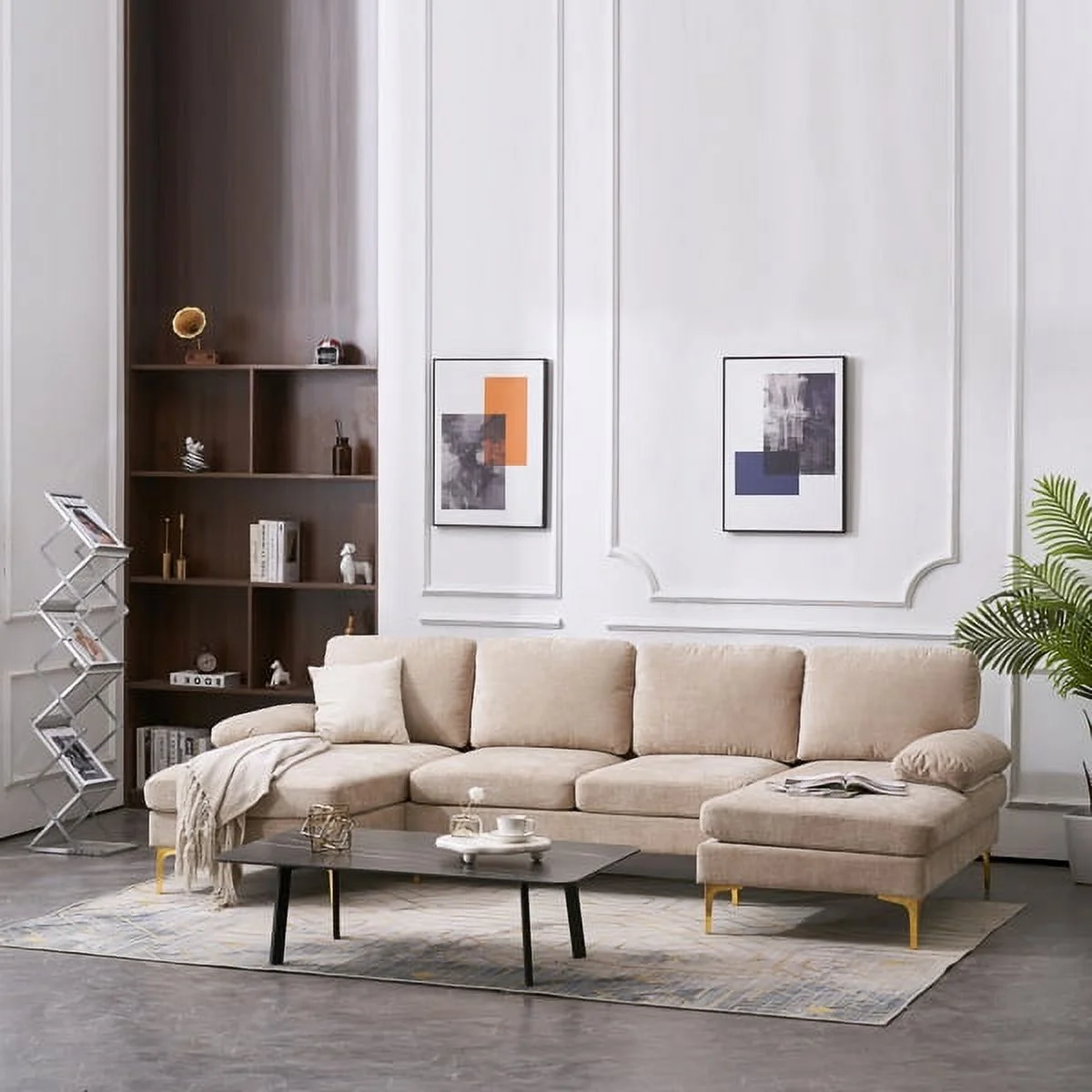 SYTHERS Convertible Sectional Sofa Couch 4-Seat Sectional Sleeper Sofa with Memory Foam & Double Chaise & Comfortable Backrest, Oversized Seats, Camel
