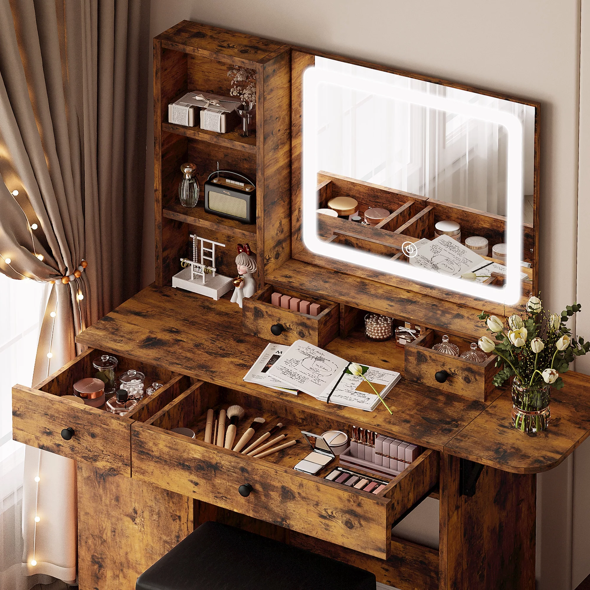 LIKIMIO Vanity Desk with Drawers Makeup Table for Bedroom, Vintage Brown
