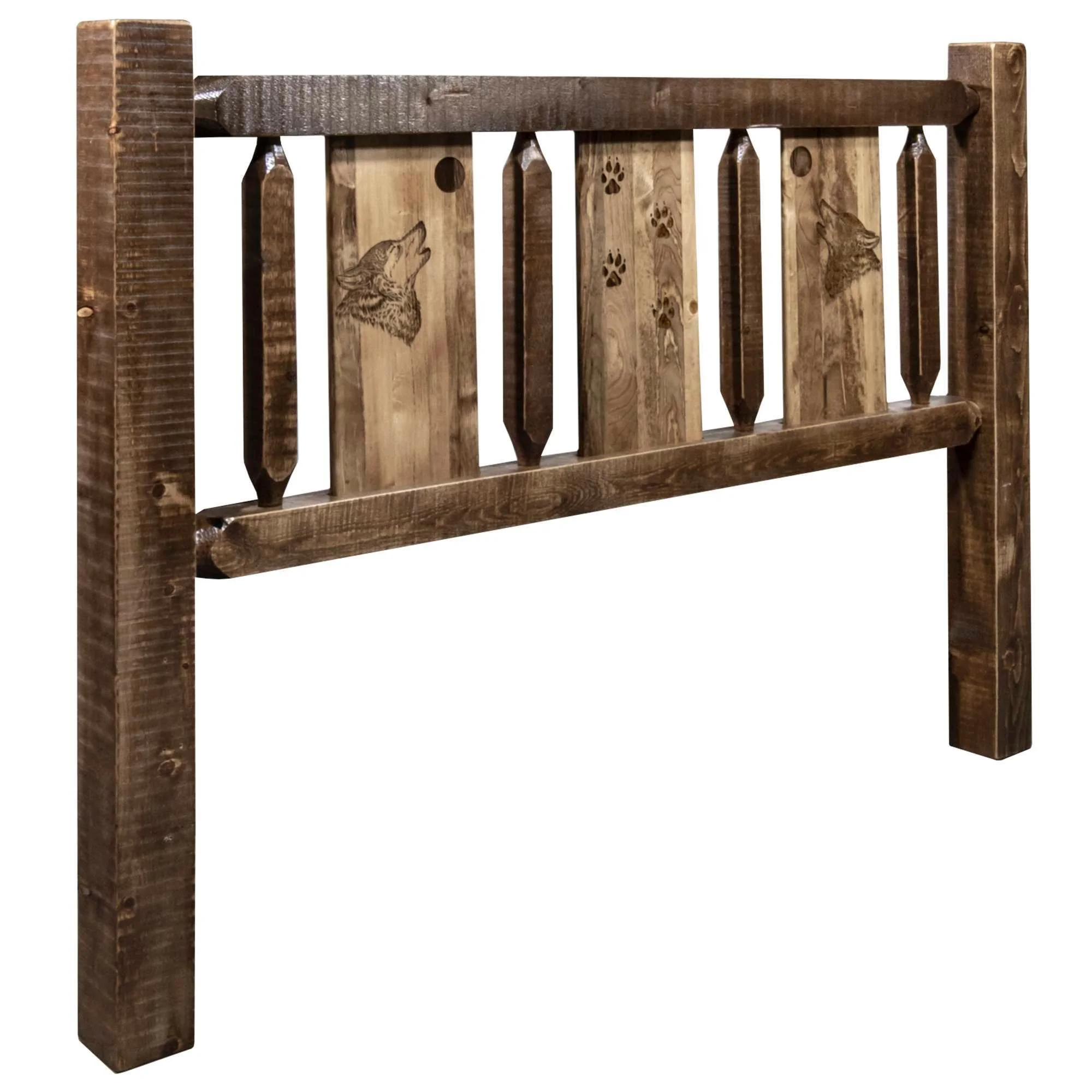 Homestead Collection Queen Headboard w/ Laser Engraved Wolf Design, Stain & Clear Lacquer Finish