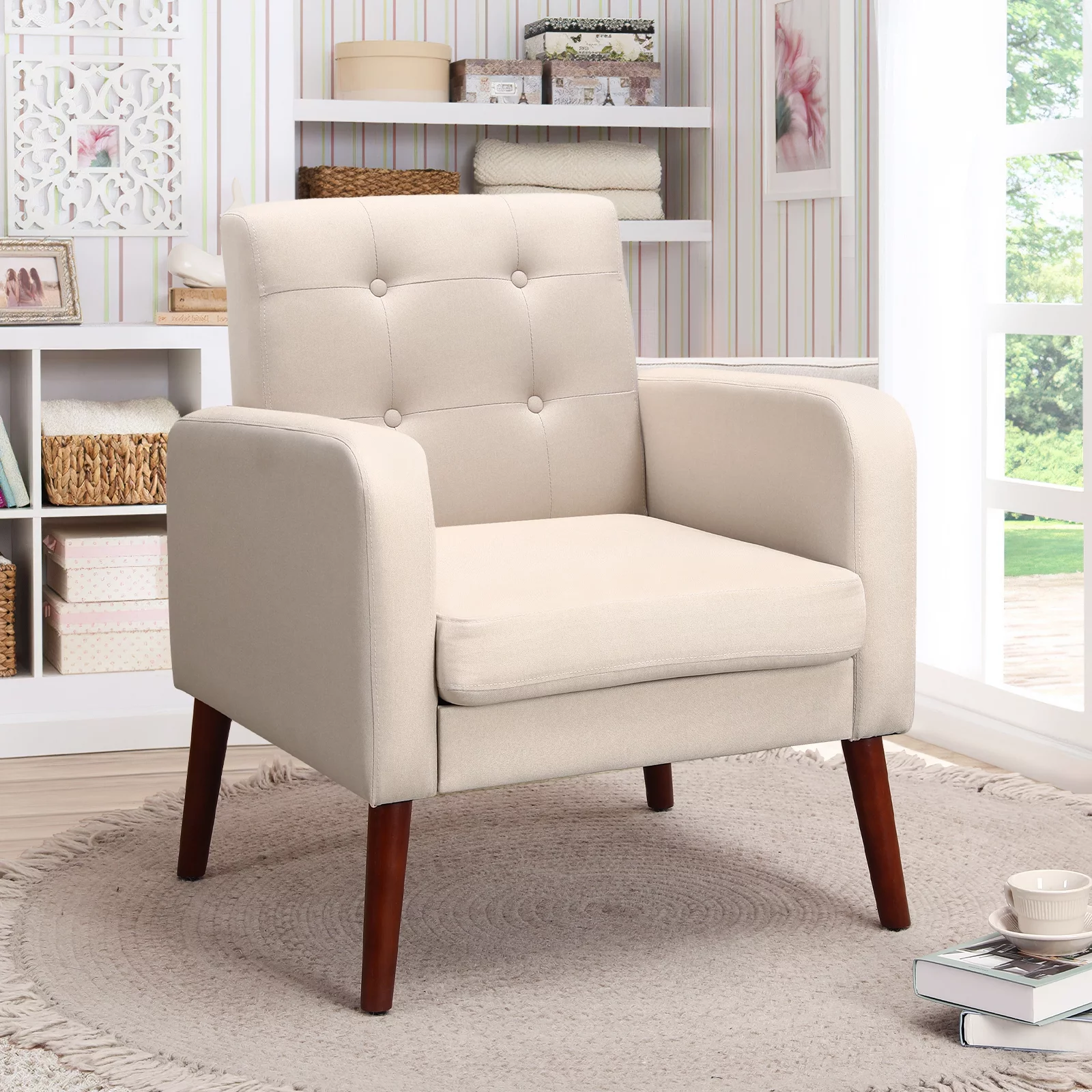 Furniliving Tufted Upholstered Living Room Chair Fabric Lounge Arm Chair, Beige