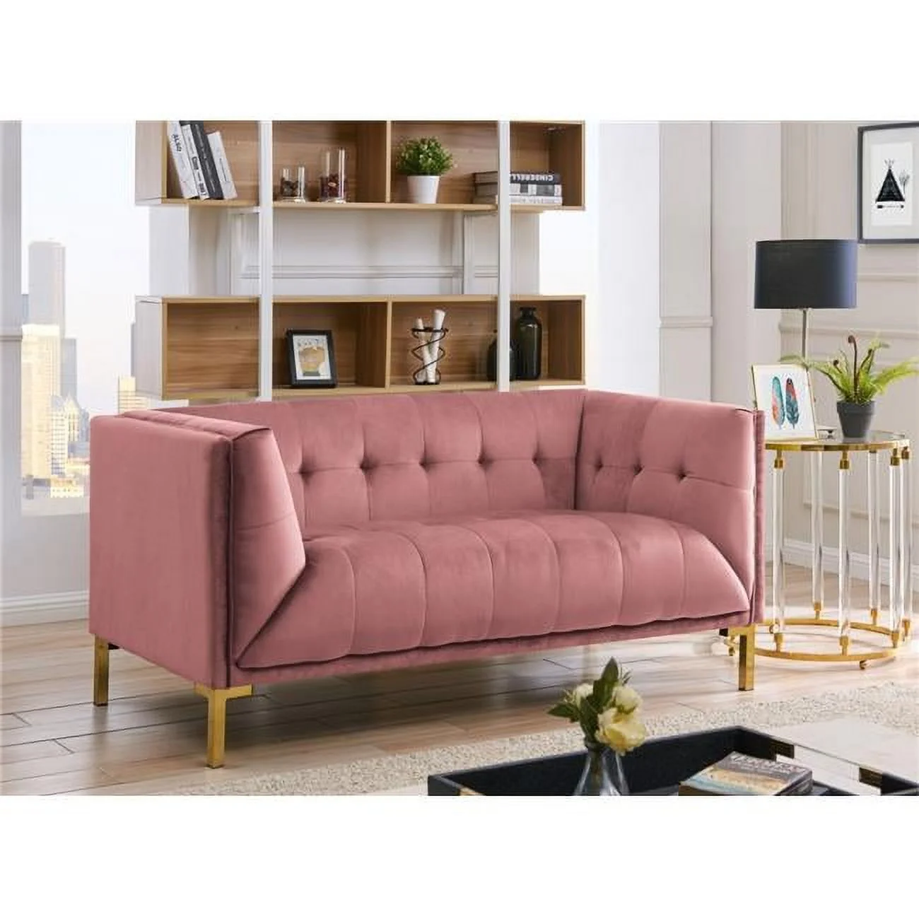 Aster Love Seat Sofa with Velvet Upholstered Tufted Single Bench Cushion Shelter Arm Design Gold Tone Metal Y-Legs, Modern Contemporary, Blush