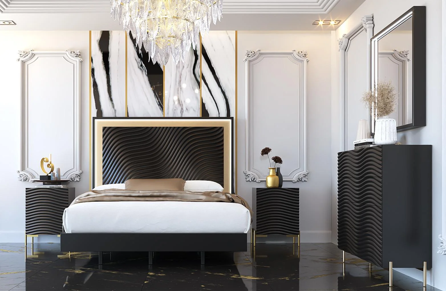 Glam Shiny Dark Grey King Bedroom Set 6Pcs WAVE ESF Contemporary MADE IN SPAIN