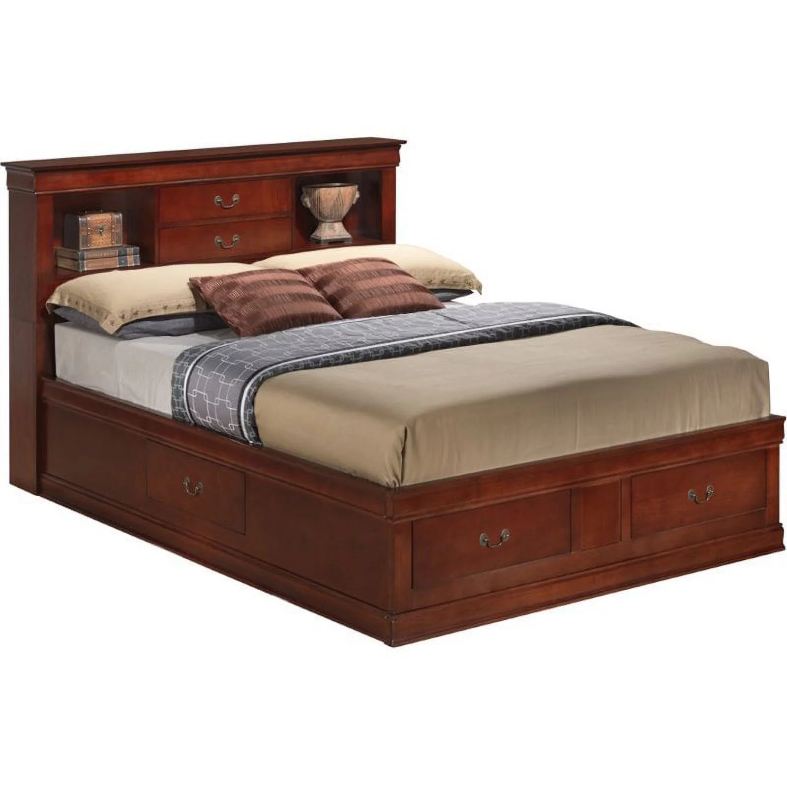 Maklaine Traditional Wood Full Bookcase Storage Bed in Cherry