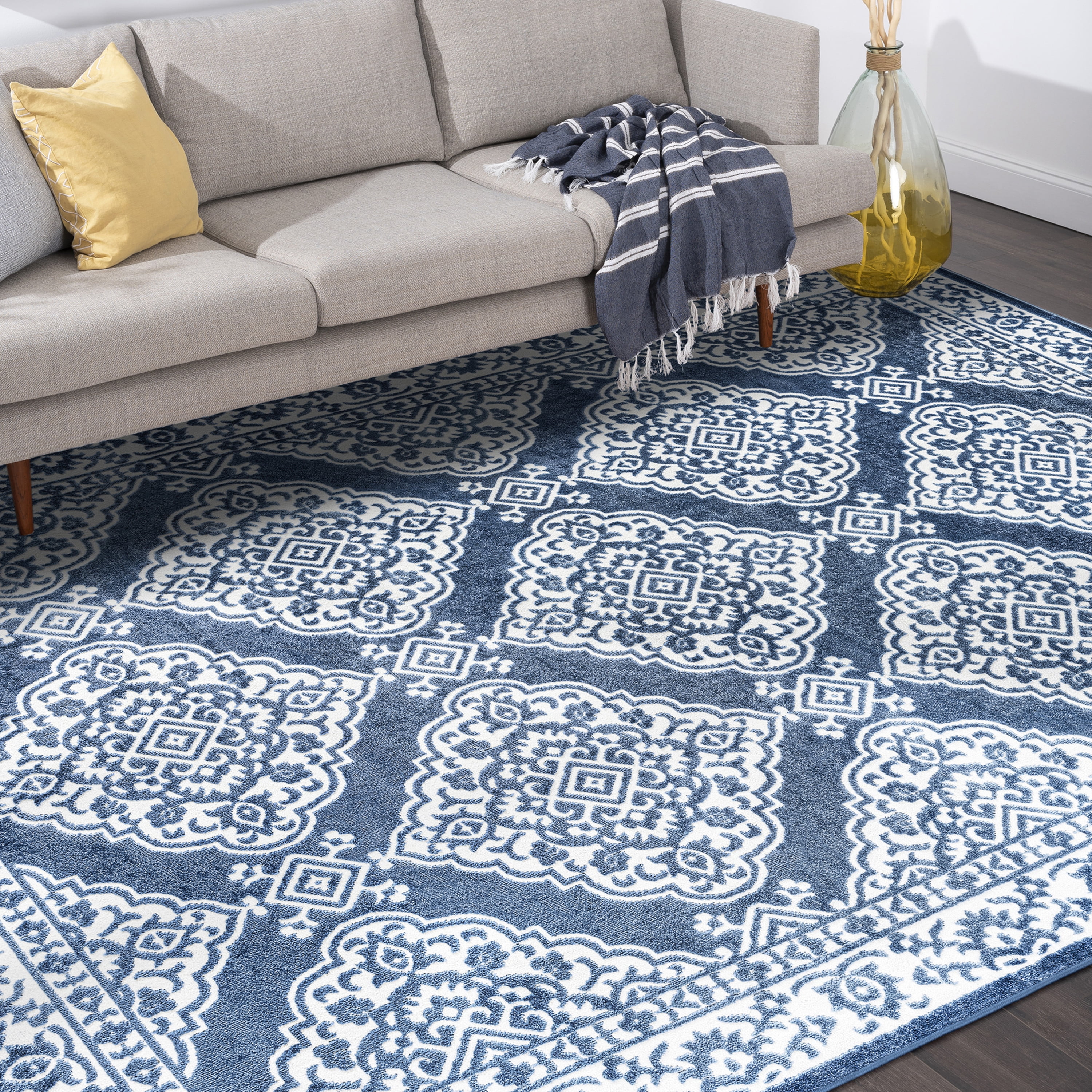 Transitional 5x8 Area Rug (5'3'' x 7'3'') Floral Blue, White Living Room Easy to Clean