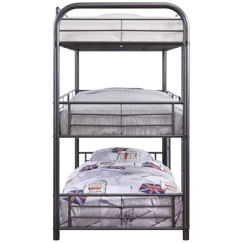 Pemberly Row Industrial Metal Triple Twin Bunk Bed in Gunmetal