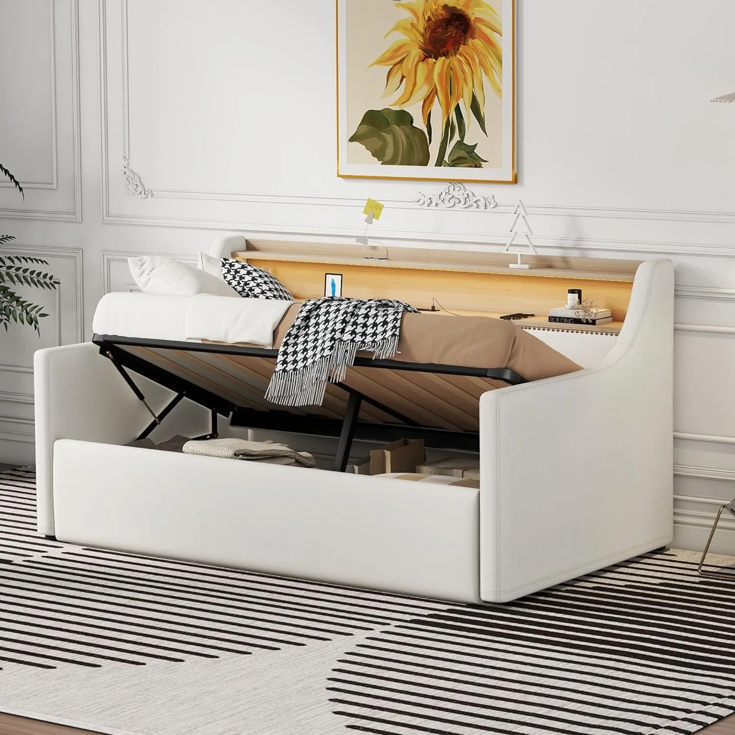 Upholstered Daybed With Storage, Lift Up Storage Bed Size Daybed With Hydraulic Storage, Leather Daybed With Chargig Statio Ad LED Lights,White