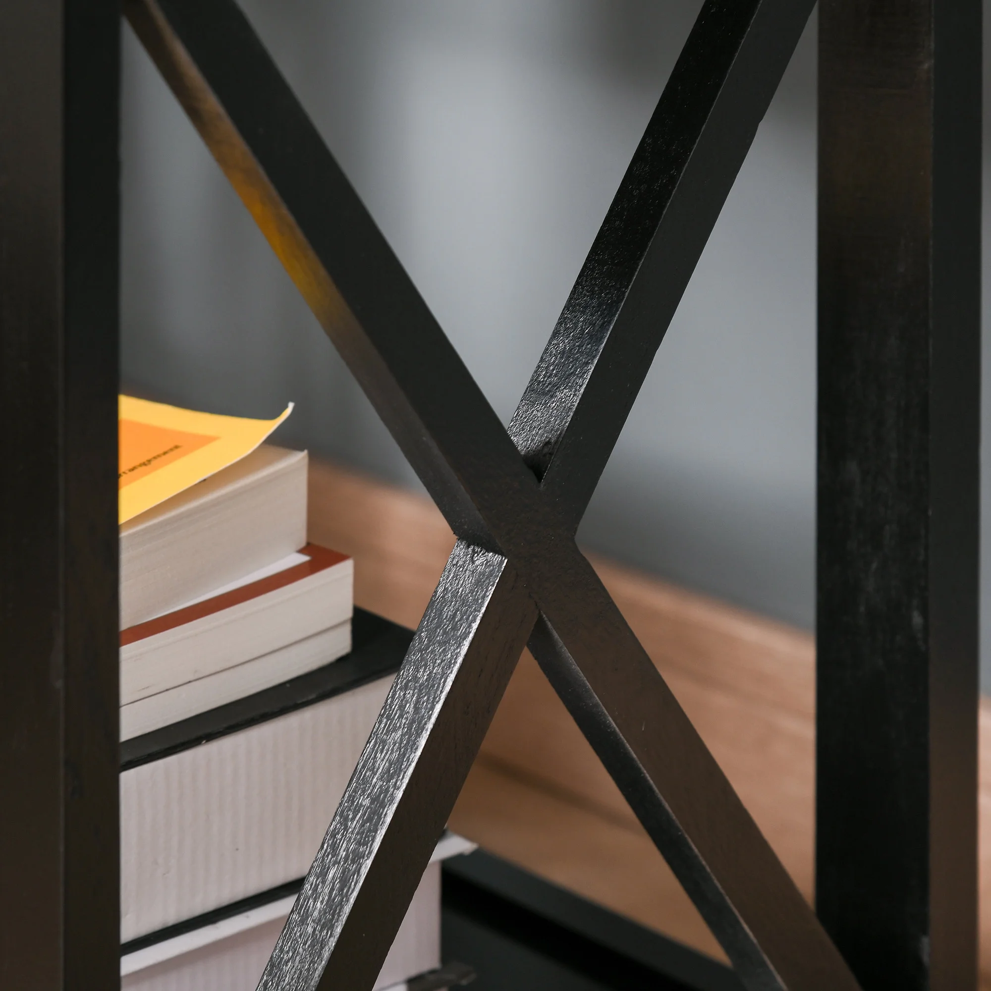 CoSoTower Side Table, Farmhouse End Table with Storage Drawer, Open Shelf and X-Frame, Bedside Table for Living Room, Black