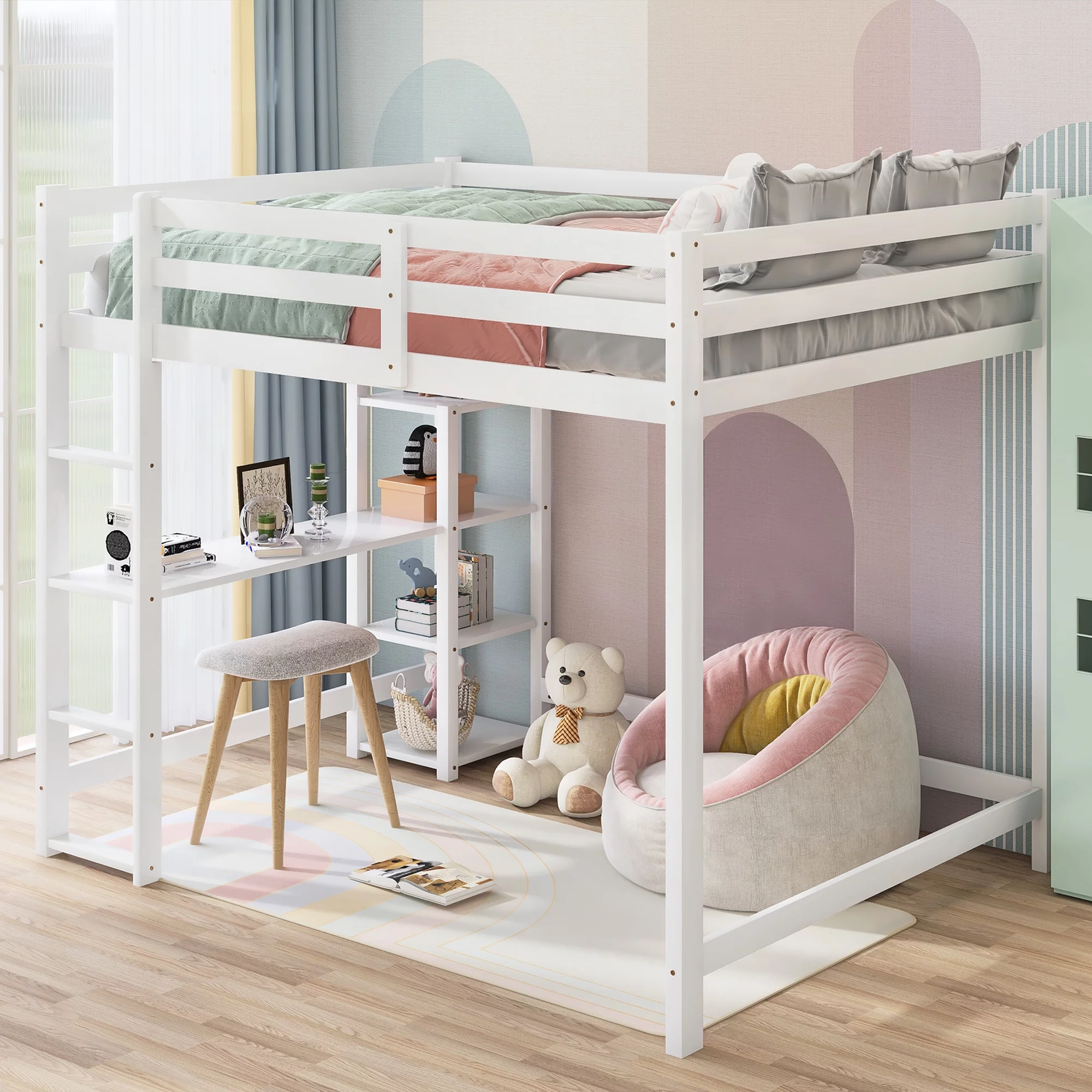 Euroco Full Loft Bed with Built-in Desk and Shelf for Kids Bedroom, White