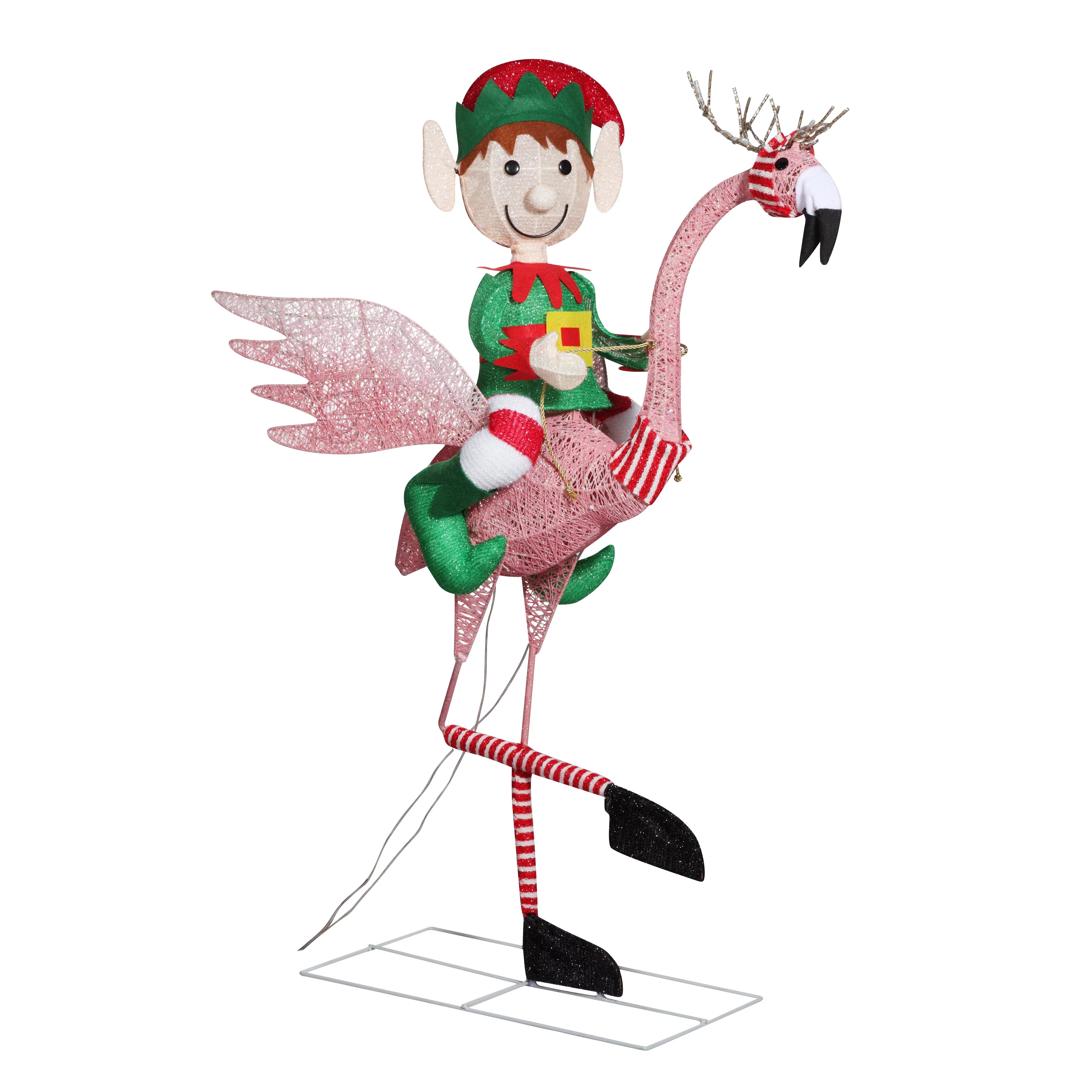 Haute Decor 42 Inch Tall Flamingo with Boy Elf Lighted Christmas Yard Decor