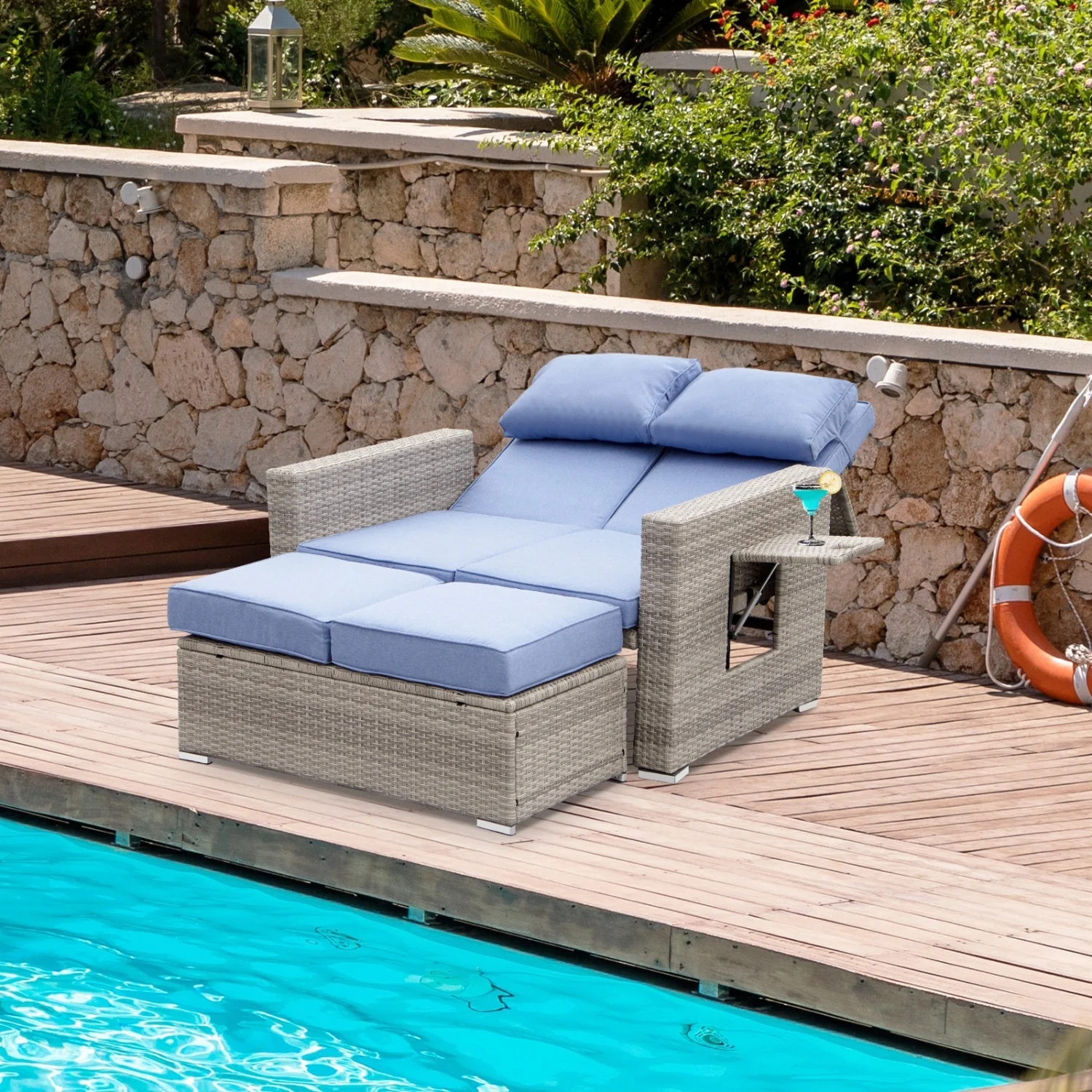 PE Wicker Rattan Double Chaise Lounge,2-Person Reclining Daybed with Adjustable Back and Cushions,Free Furniture Protection