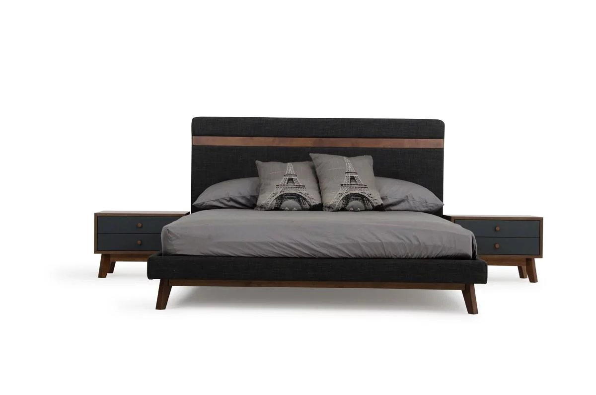 Modern Grey Fabric & Walnut King Size Bedroom Set 3 Pcs VIG Nova Domus Dali
