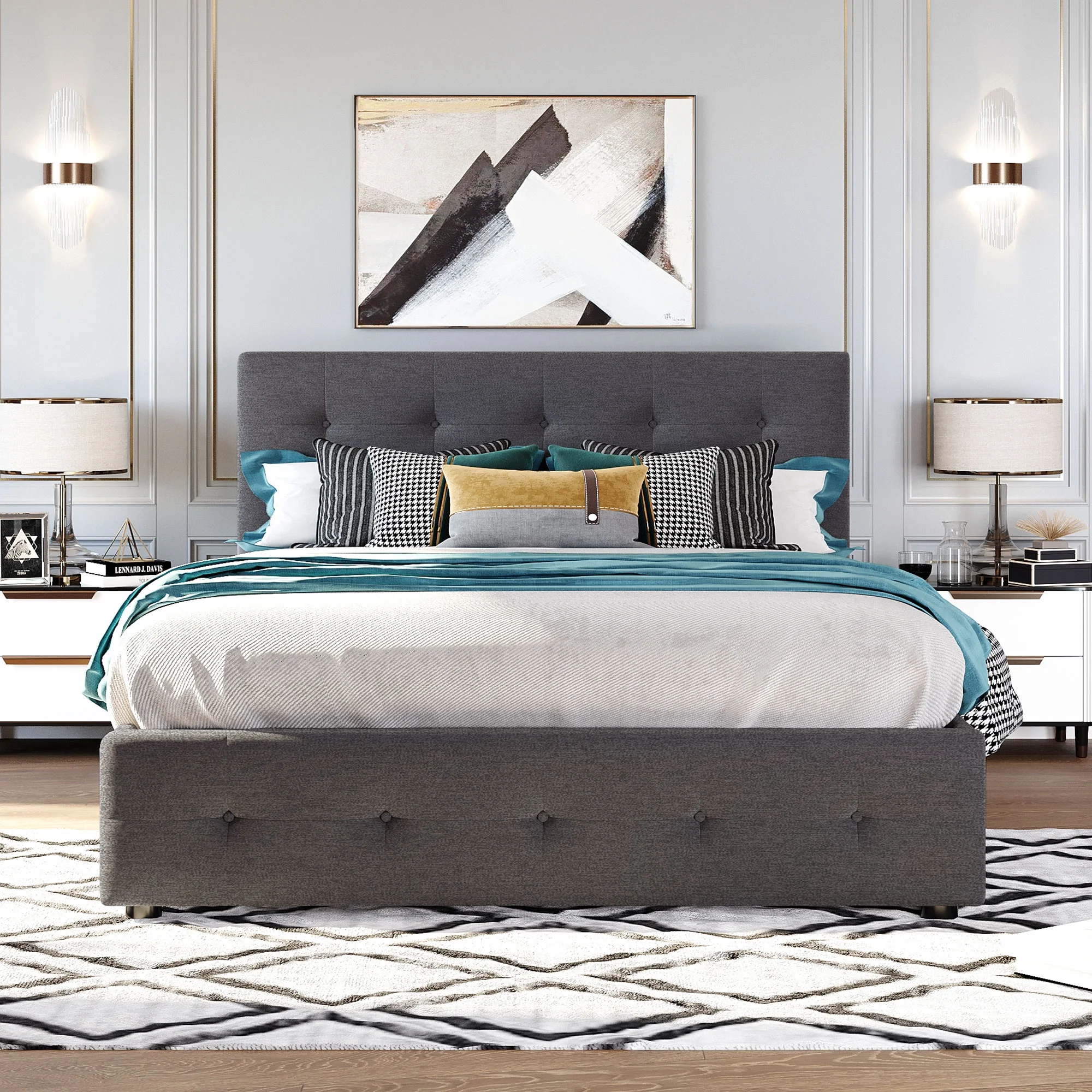 Bellemave Queen Size Platform Bed with 2 Storage Drawers and 1 Twin XL Trundle, Wooden Upholstered Queen Bed with Linen Fabric for Bedroom (Drak Gray)