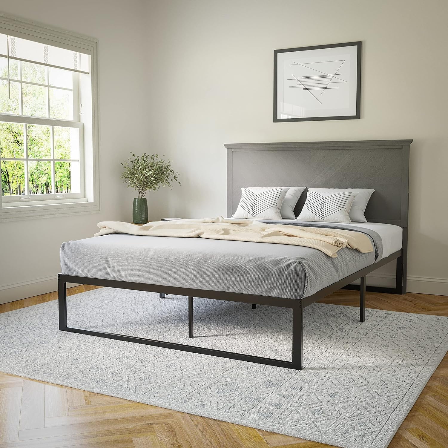 Queen Size Herringbone Wooden Adjustable Headboard For Universal Metal Bed Frames In Gray Wash