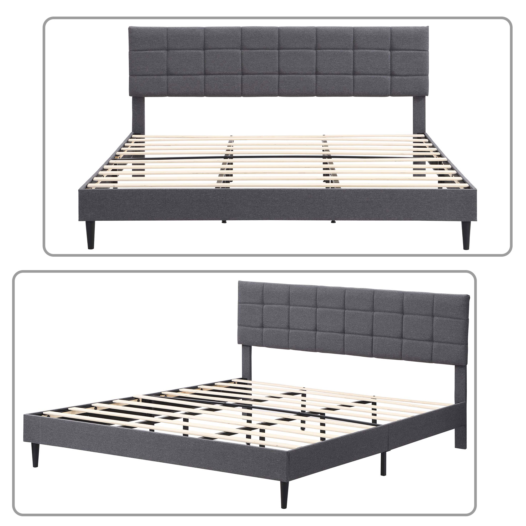 Modern and Elegant King Size Upholstered Platform Bed with Metal Central Legs, Grey