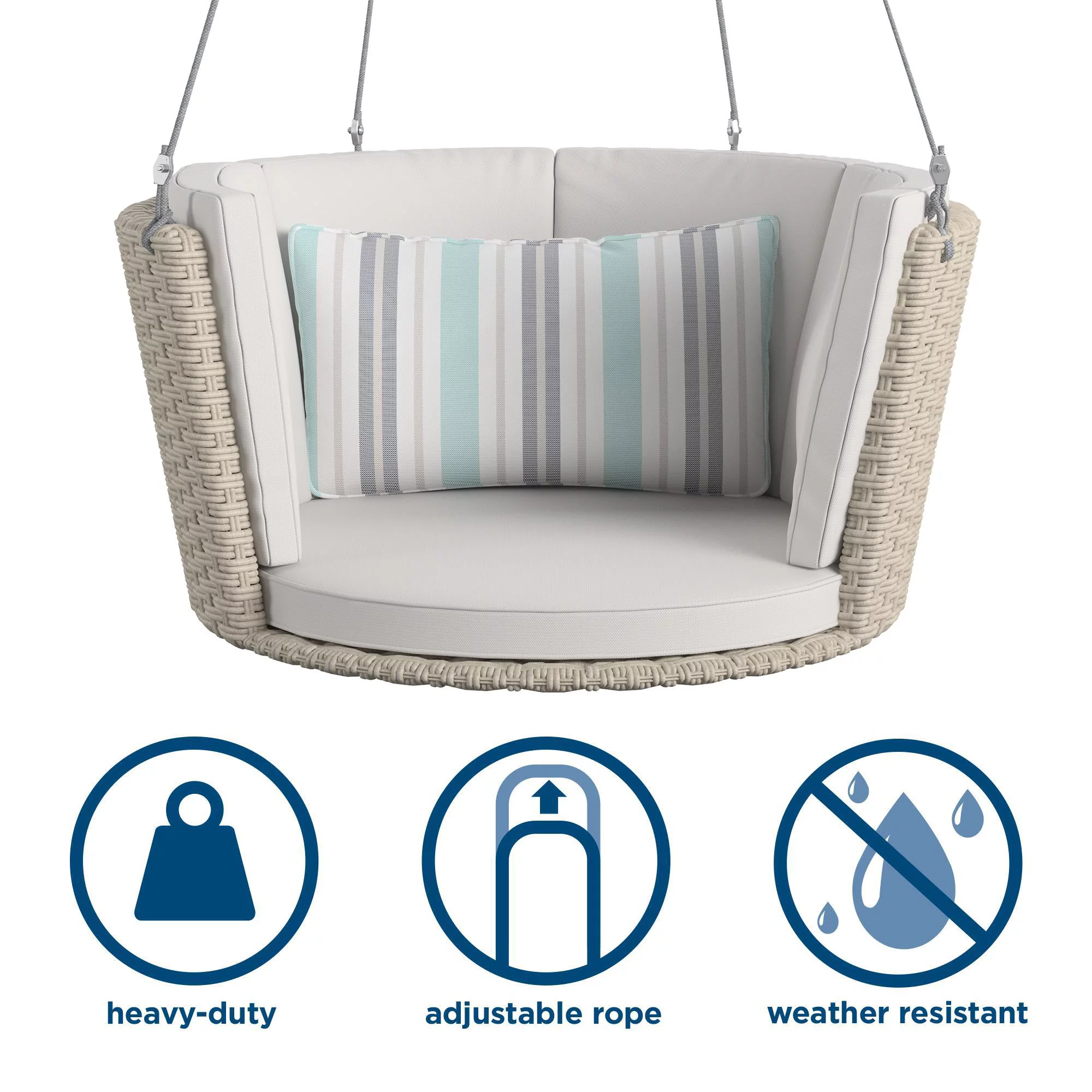 Novogratz Poolside Gossip Collection, Sally Patio Swing, Harbor Grey Cushions, Light Taupe Wicker