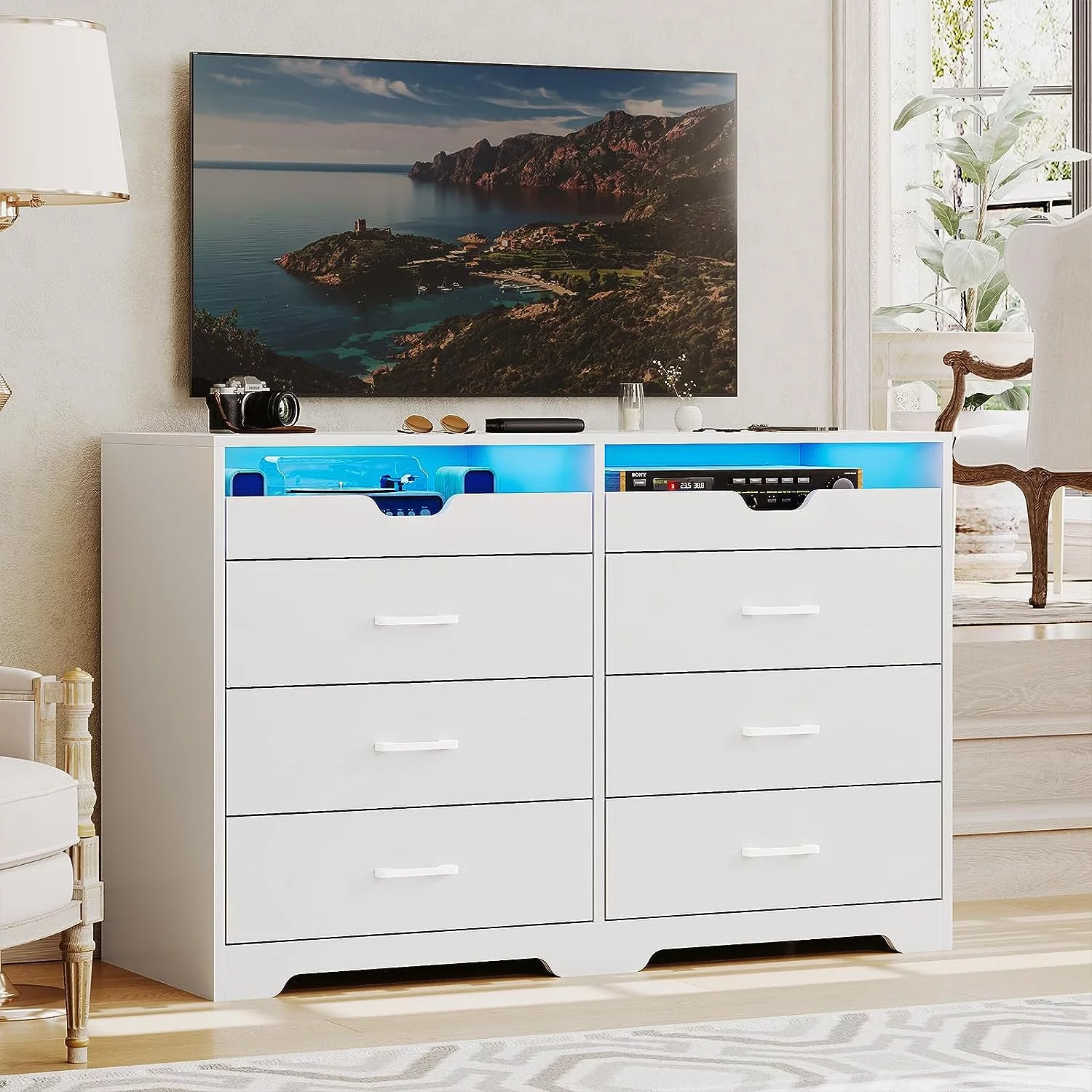 Dresser with LED Lights for Bedroom, Double Dresser with 6 Drawers and Pull-Out Tray, White
