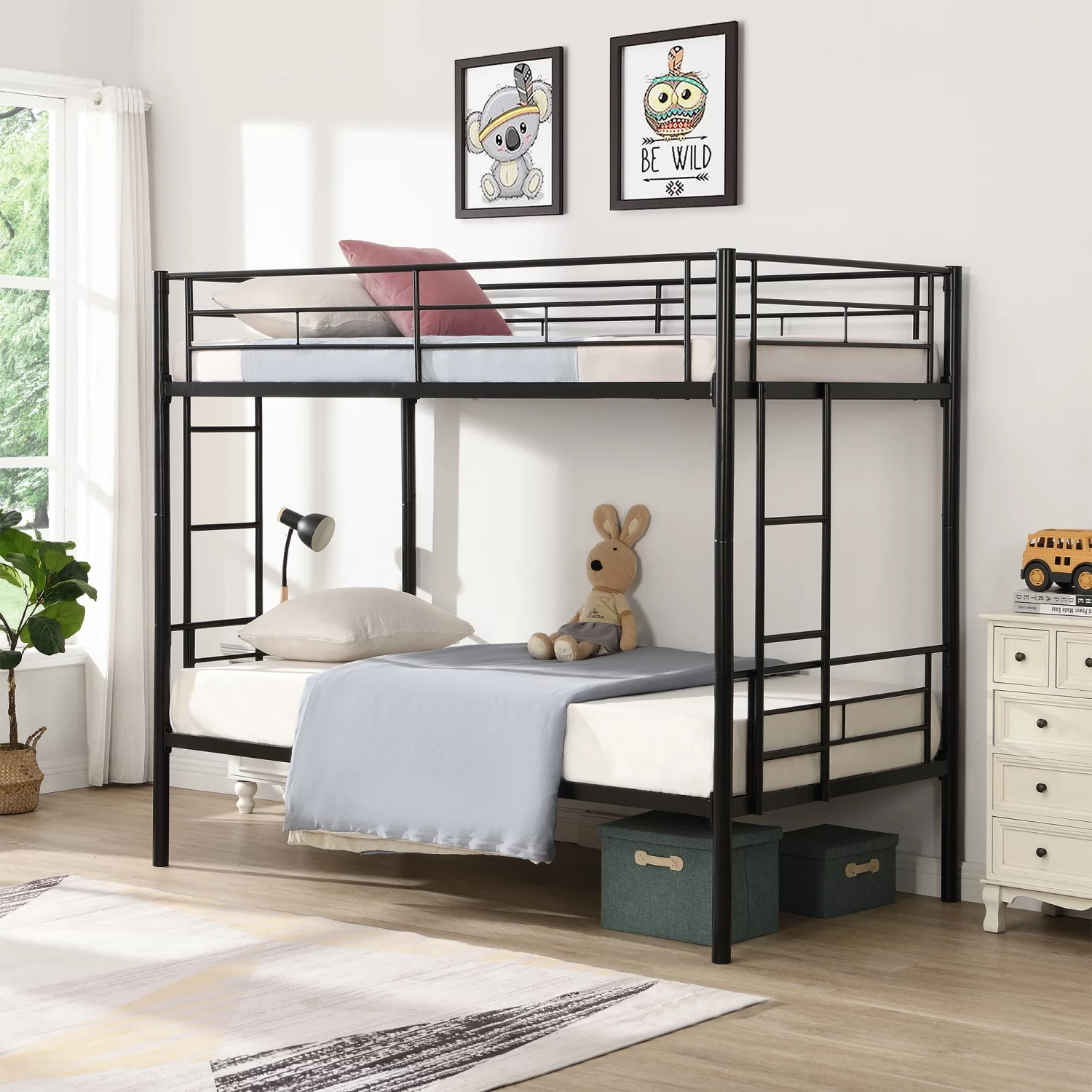 Holaki Bunk Bed Twin Over Twin Size with 2 Ladders and Full-Length high Guardrail, Convertible Bunkbeds, Metal Bunk Bed, Storage Space, No Box Spring Needed, Noise Free, Black
