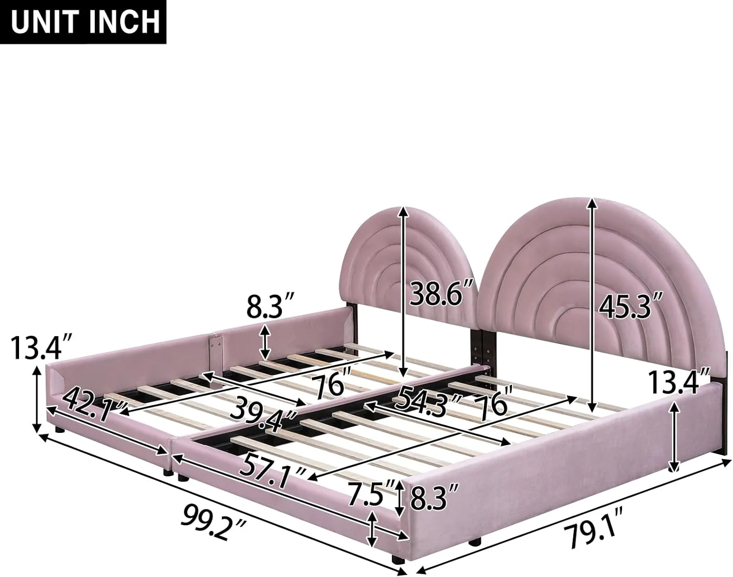 Double Bed Frame For Kids, Size Ad Full Size Low Upholstered Beds Set, Velvet Two Platform Beds With Semicircular Headboard For 2 Girls Boys Tees,