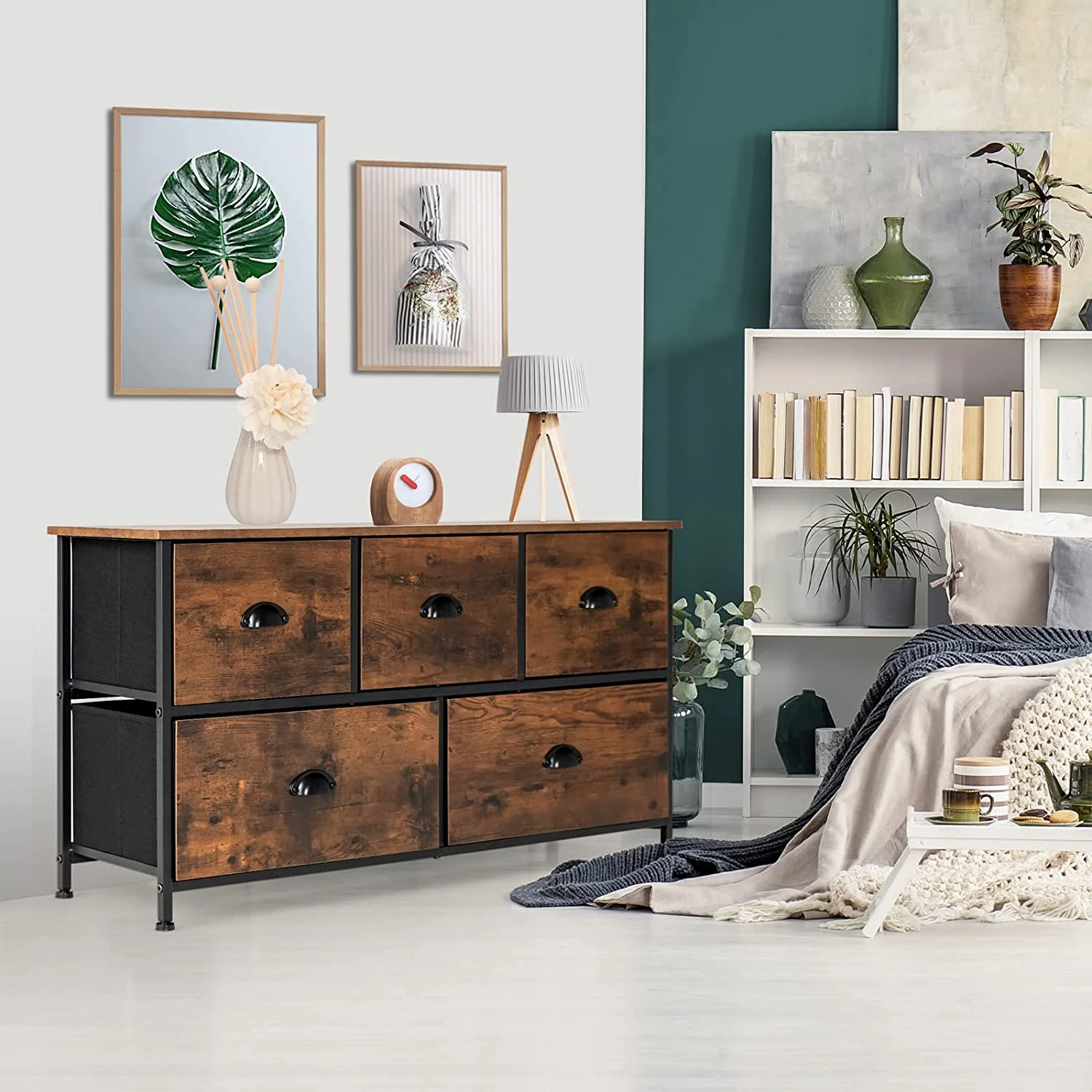 GEROBOOM Dresser with 5 Drawers  Chest of Drawers with Adjustable Foot Pads  Foldable Drawers  Steel Frame & Wooden Top  Fabric Drawers Dresser   Tower Unit for Bedroom  Entryway  Clo