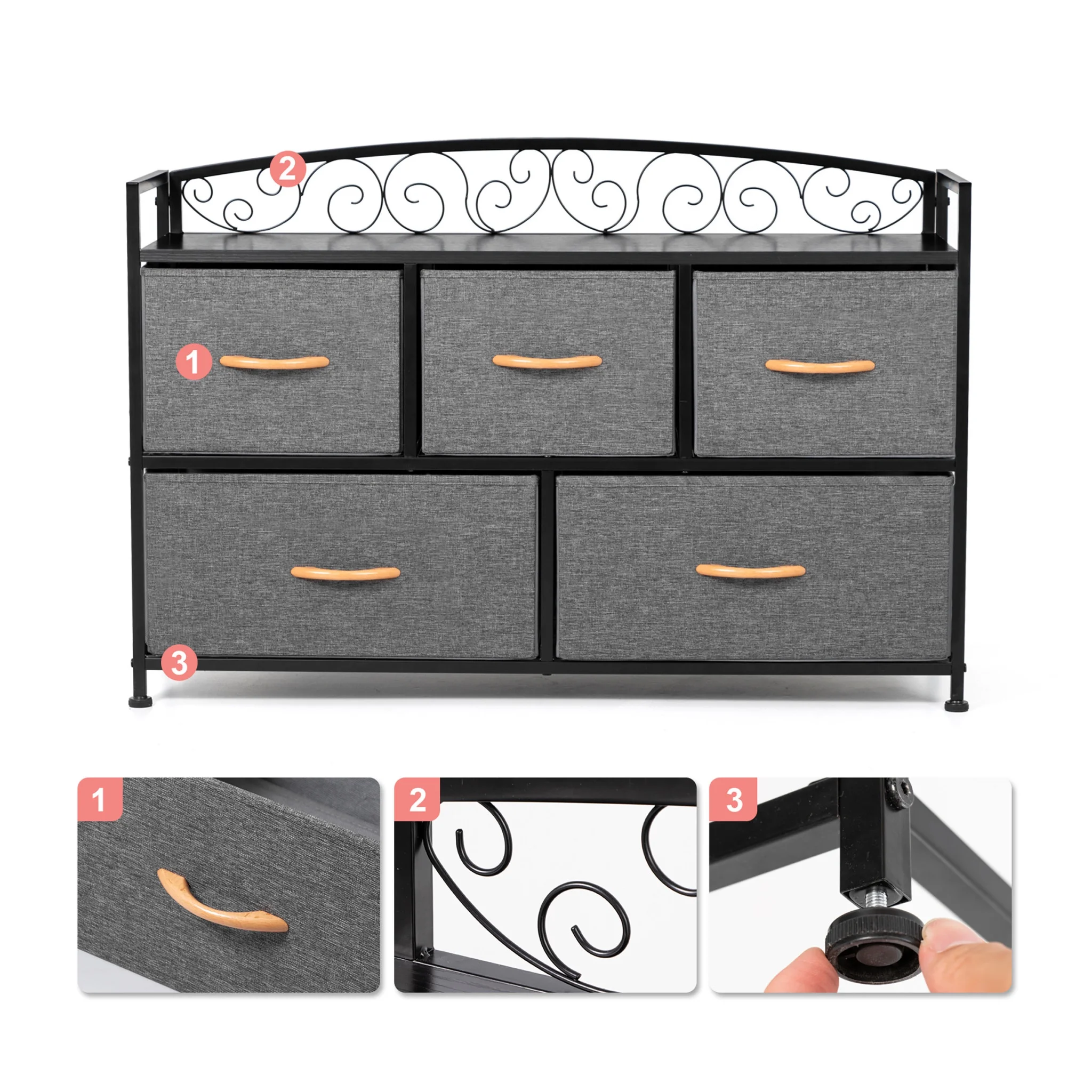 HomeRoots 484703 39 in. Gray, Black Steel & Fabric Five Drawer Combo Dresser