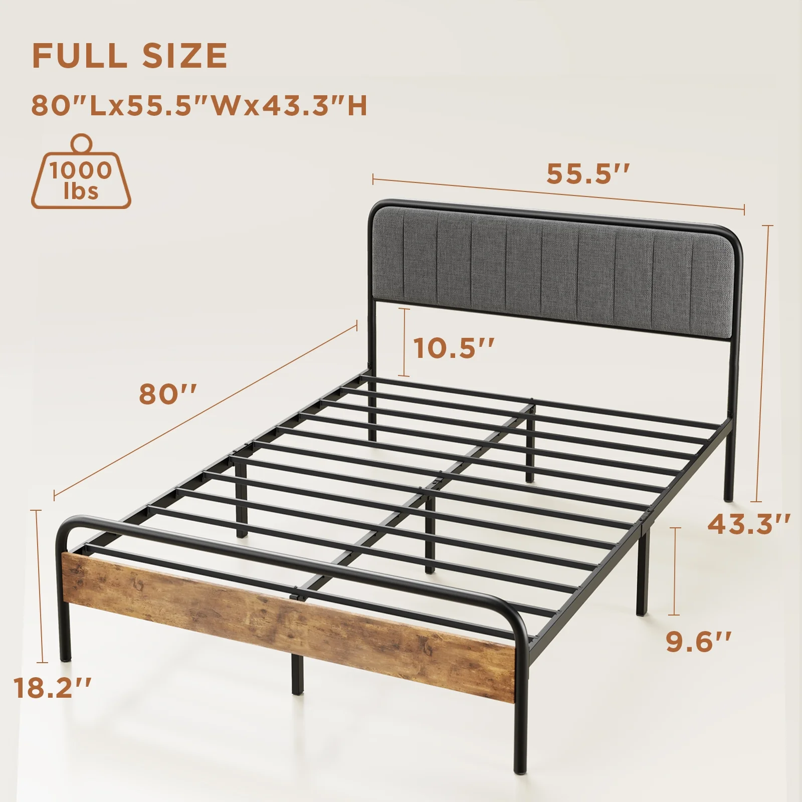 Full Bed Frame with Upholstered Headboard, Lofka Full Size Platform Bed Frame with Footboard and Metal Slats, Free-Noise Design, Gray