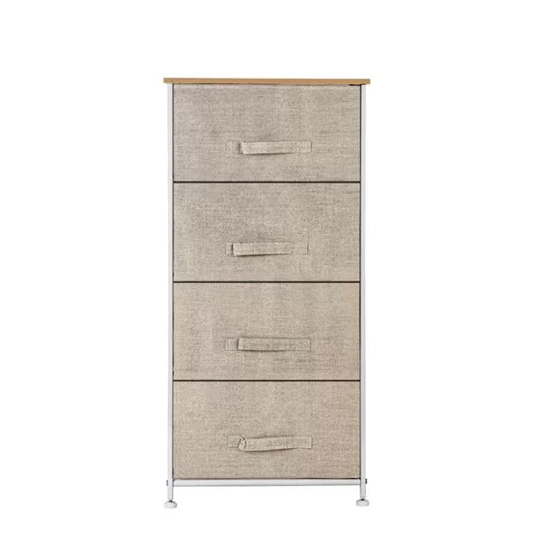 Bornmio 4-Tier Dresser Tower, Fabric Drawer Organizer With 4 Easy Pull Drawers With Metal Frame,Wooden Tabletop For Living Room, Closet, Linen/Natural