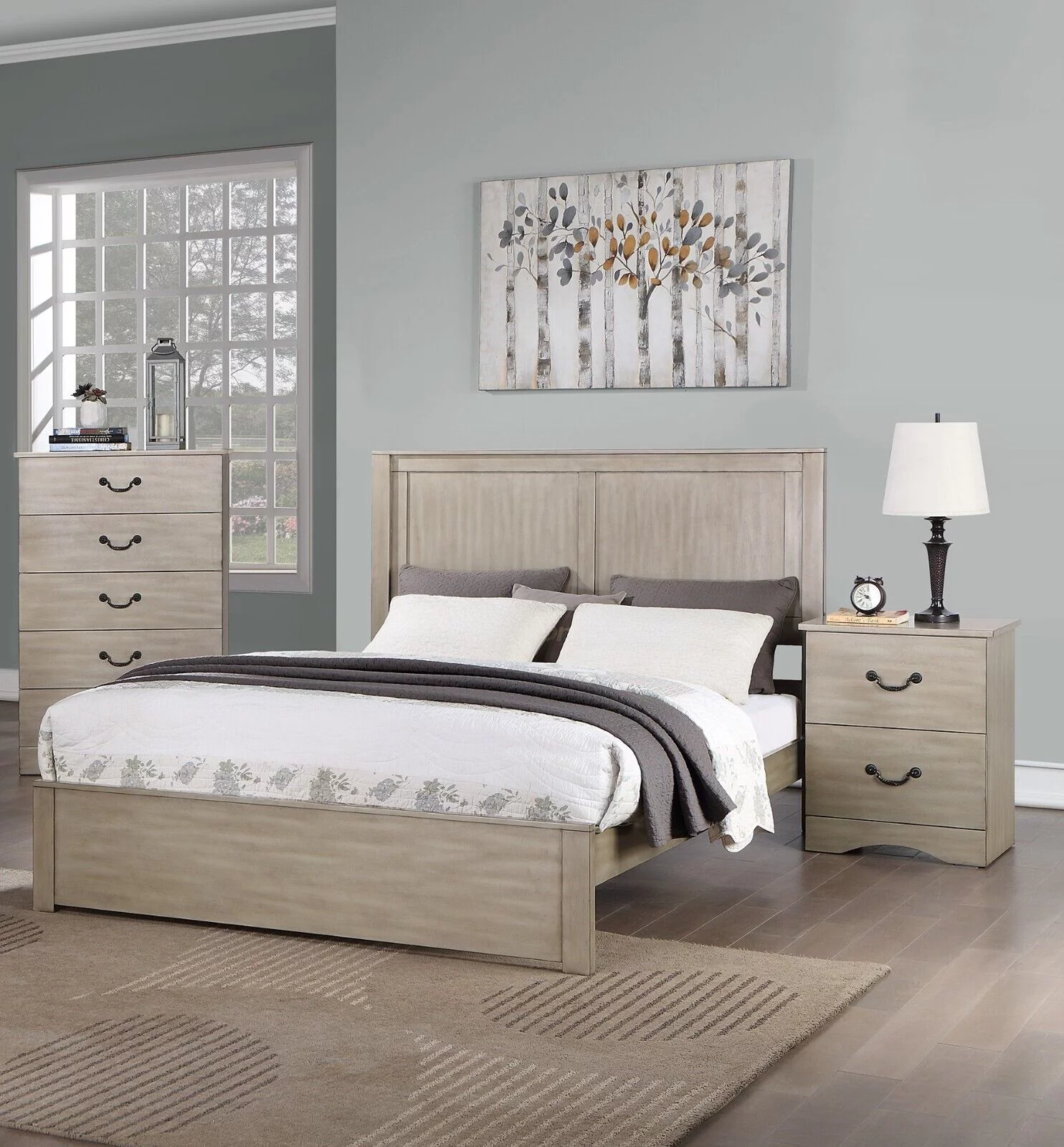 Light Tan Hue Finish Chic Design 3pc California King Size Bed Set Bedroom Furniture 2x Nightstands Wooden Headboard Footboard