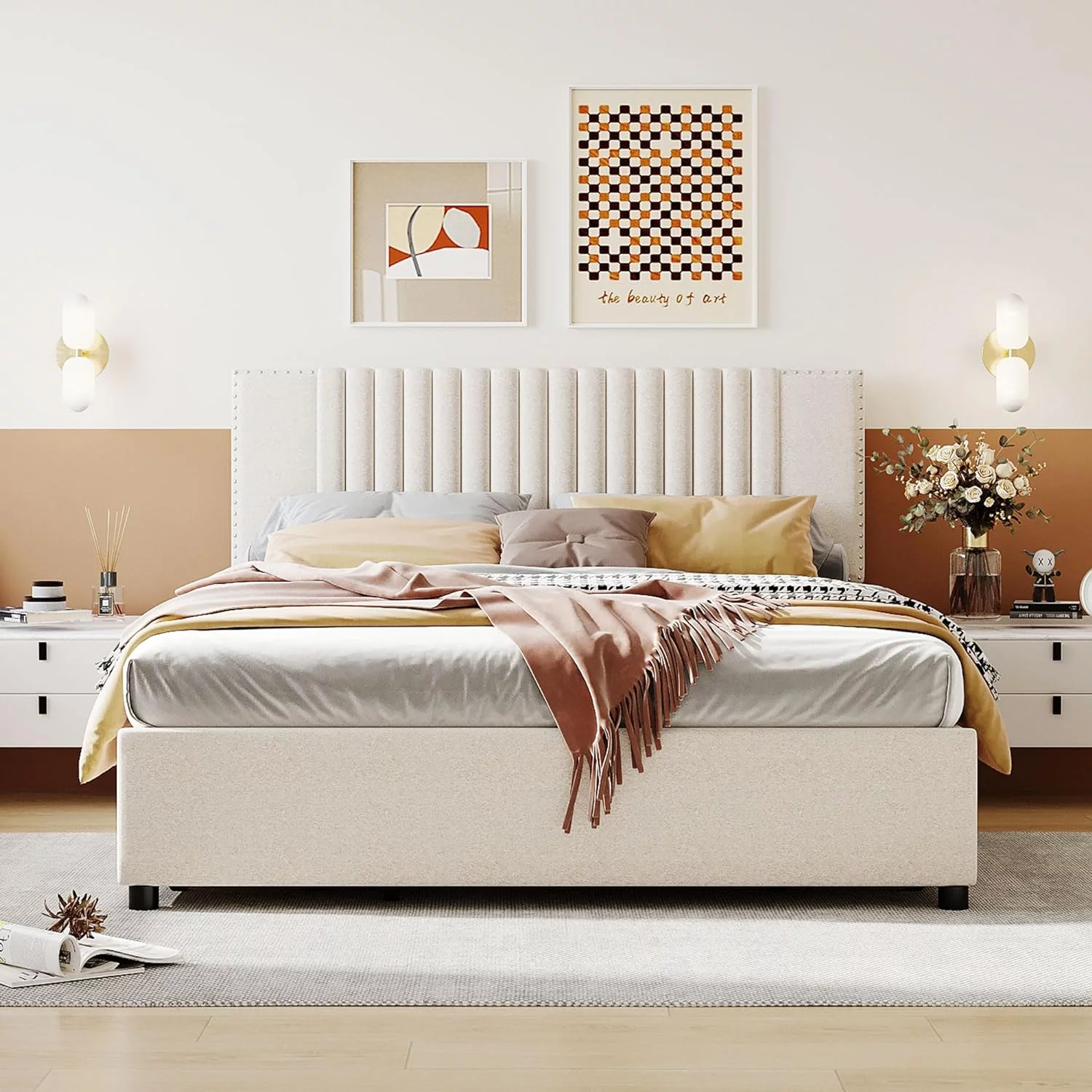 Queen Bed With 4 Storage Drawers, Deluxe Upholstered Platform Bed With Headboard And Footboard, No Box Spring Needed/Easy Assembly (Queen Size, Linen Beige)
