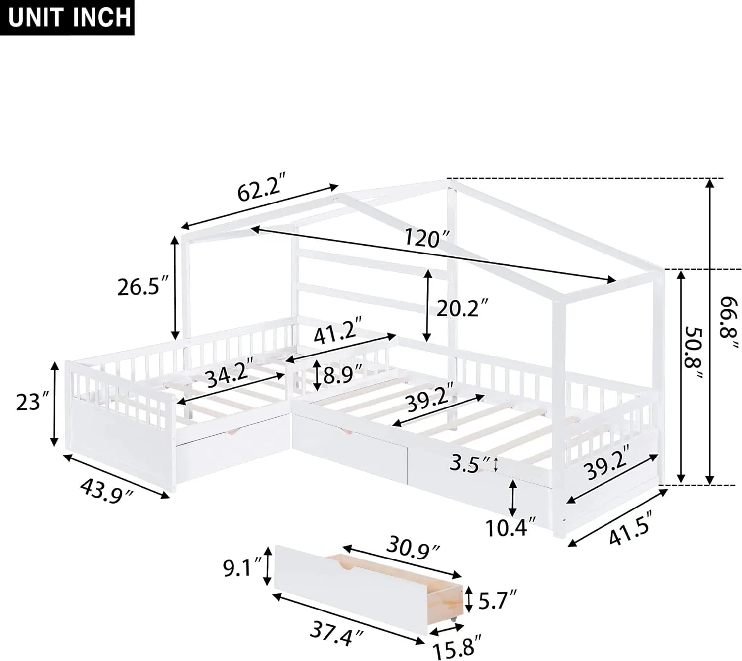 L Shaped Bed For 2 Kids, Size House Bed With 3 Storage Drawers, Security Guardrail And Roof, Solid Wood Corner Platform Bed Frame, Bedroom Furniture For Kids, White