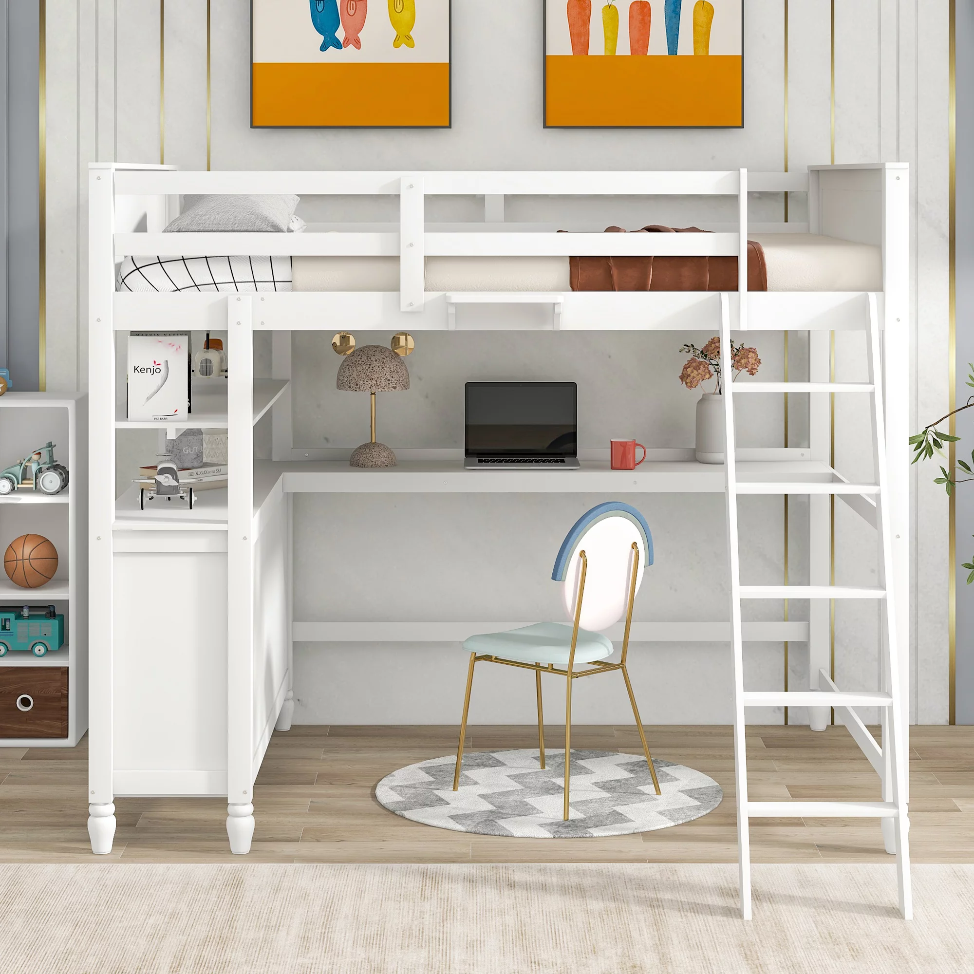 CoSoTower Full Size Loft Bed with Drawers and Desk, Wooden Loft Bed with Shelves - White