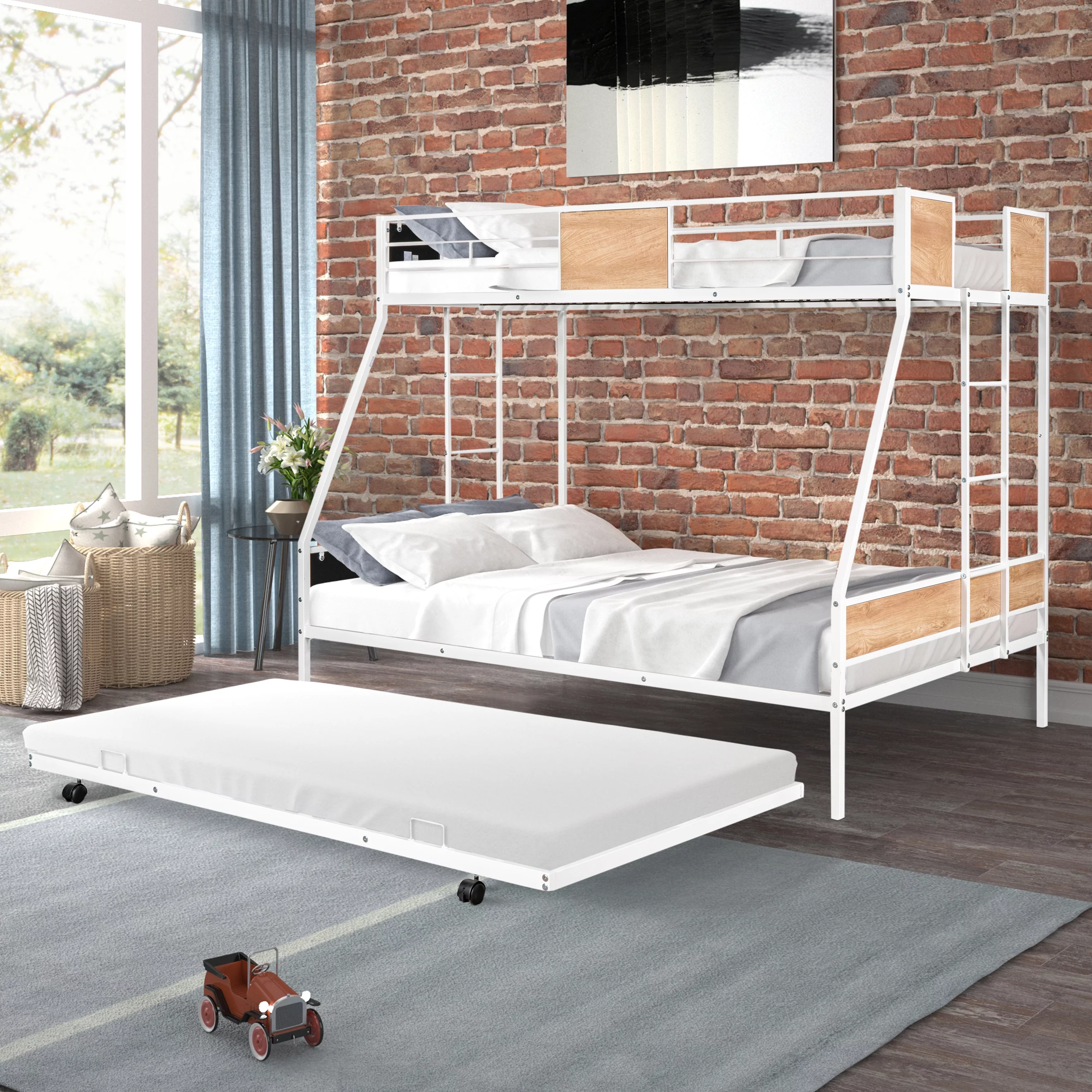 GUTALOR Metal Twin over Full Bunk Bed with Trundle - Heavy-Duty Sturdy Metal, Noise Reduced, Safety Guardrail, Wooden Decoration, Convenient Trundle, Bunk Bed for Three, No Box Spring Needed
