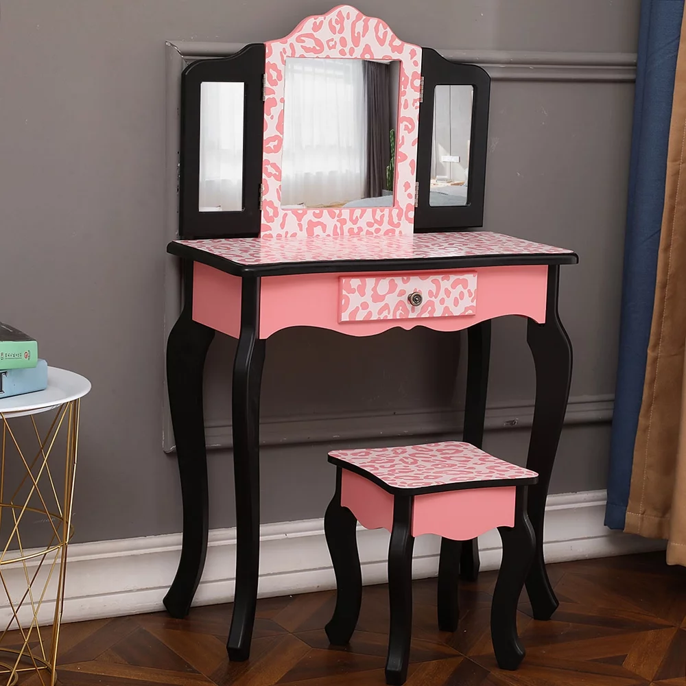 Hommoo Vanity Table Set with Mirror for Girls, Pink Bedroom Dressing Table with Vanity Stool, 2 Drawers Makeup Table with Removable Desk Makeup Organizer