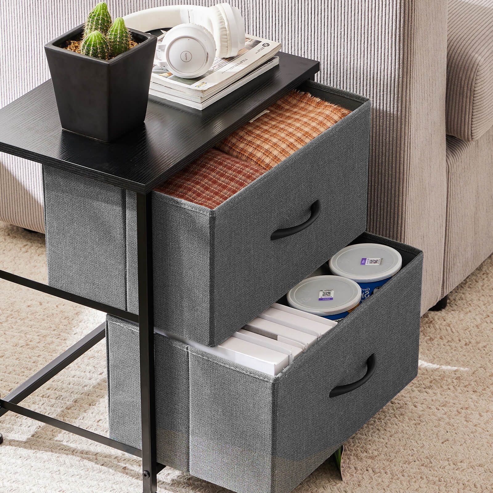 Algherohein Wood 2 Drawers Nightstand Set of 2,Living Room Side Tables,Bedroom Small Dresser,Gray