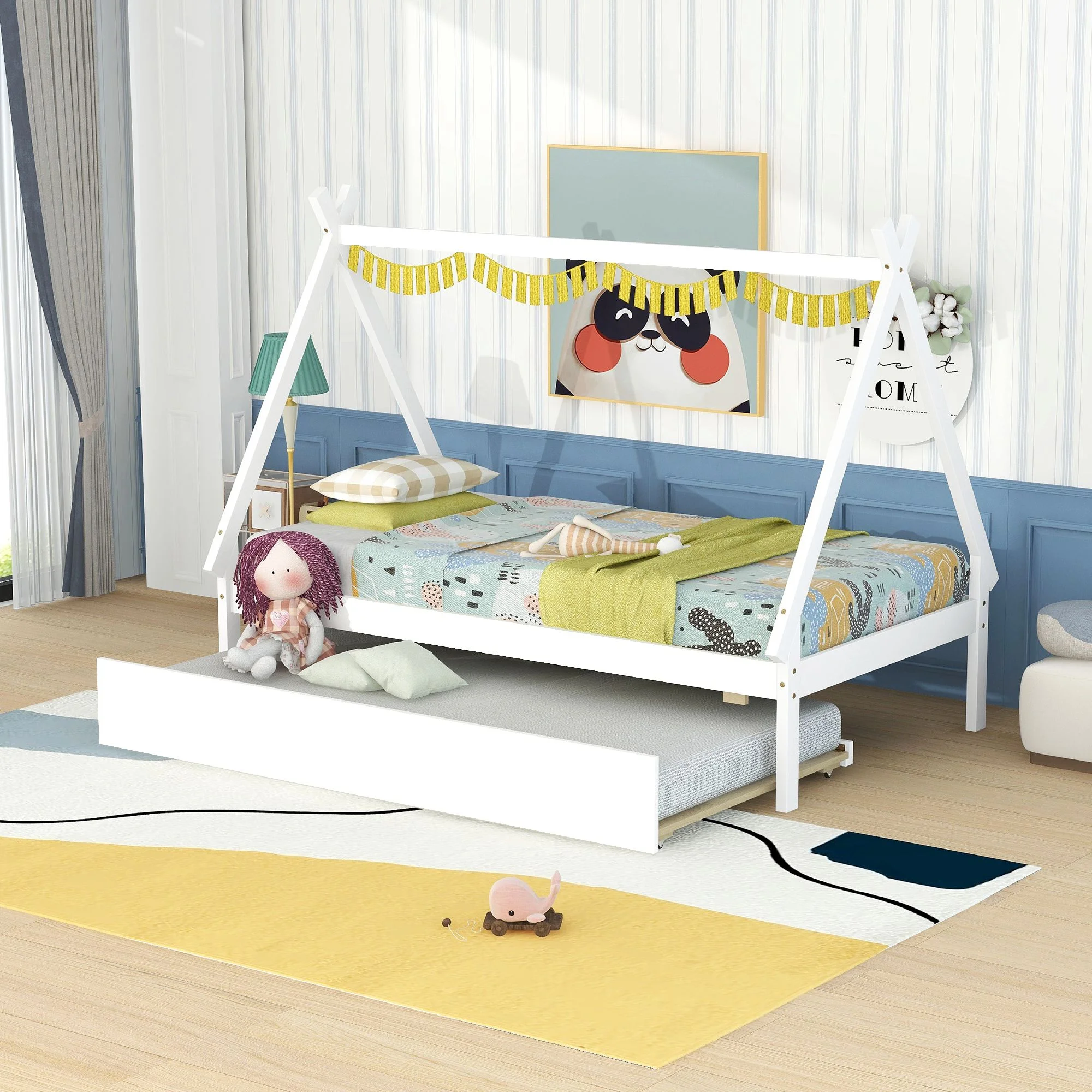 Twin Wood Tent Floor Bed Mattress Foundation with Trundle, Teepee Bed Storage Bed w/ Wooden Slats for Boy Girl, No Box Spring Needed, Easy Assembly
