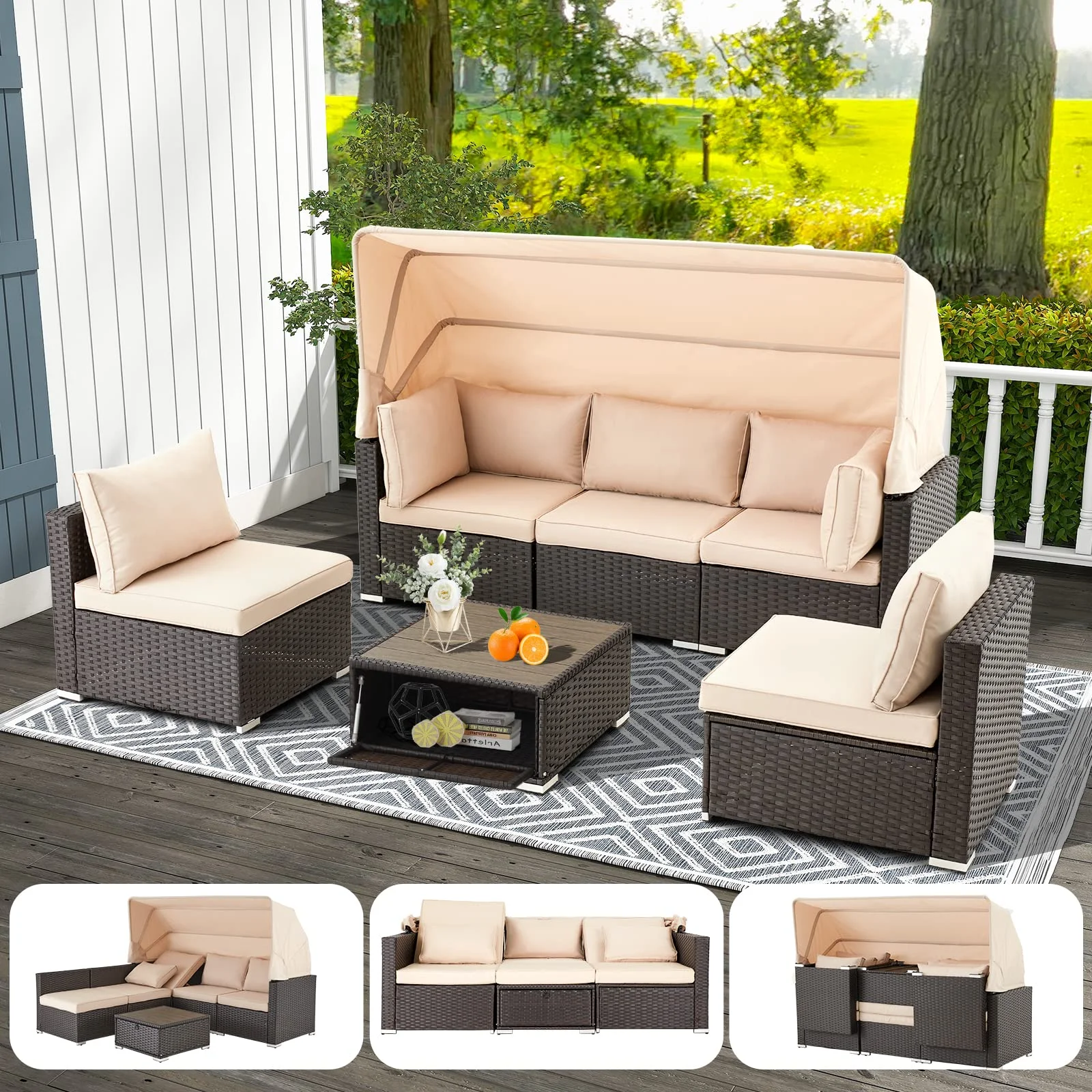 HOMREST 6 Pieces Outdoor Sectional Sofa All-Weather Patio Daybed Conversation Sets with Retractable Canopy/Coffee Table