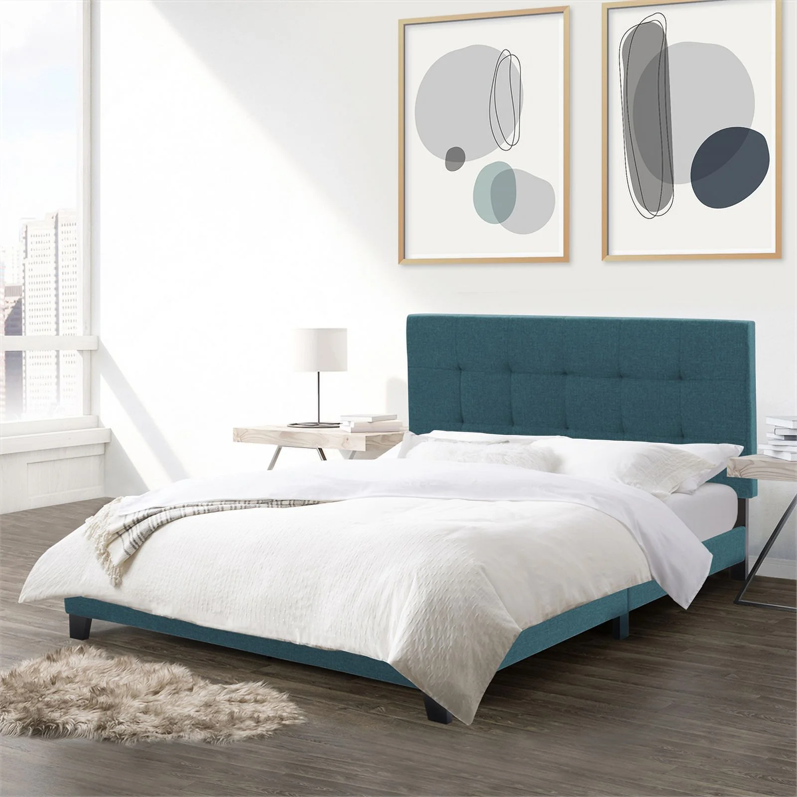 CorLiving Ellery Full Size Teal Blue Contemporary Fabric Tufted Bed with Slats