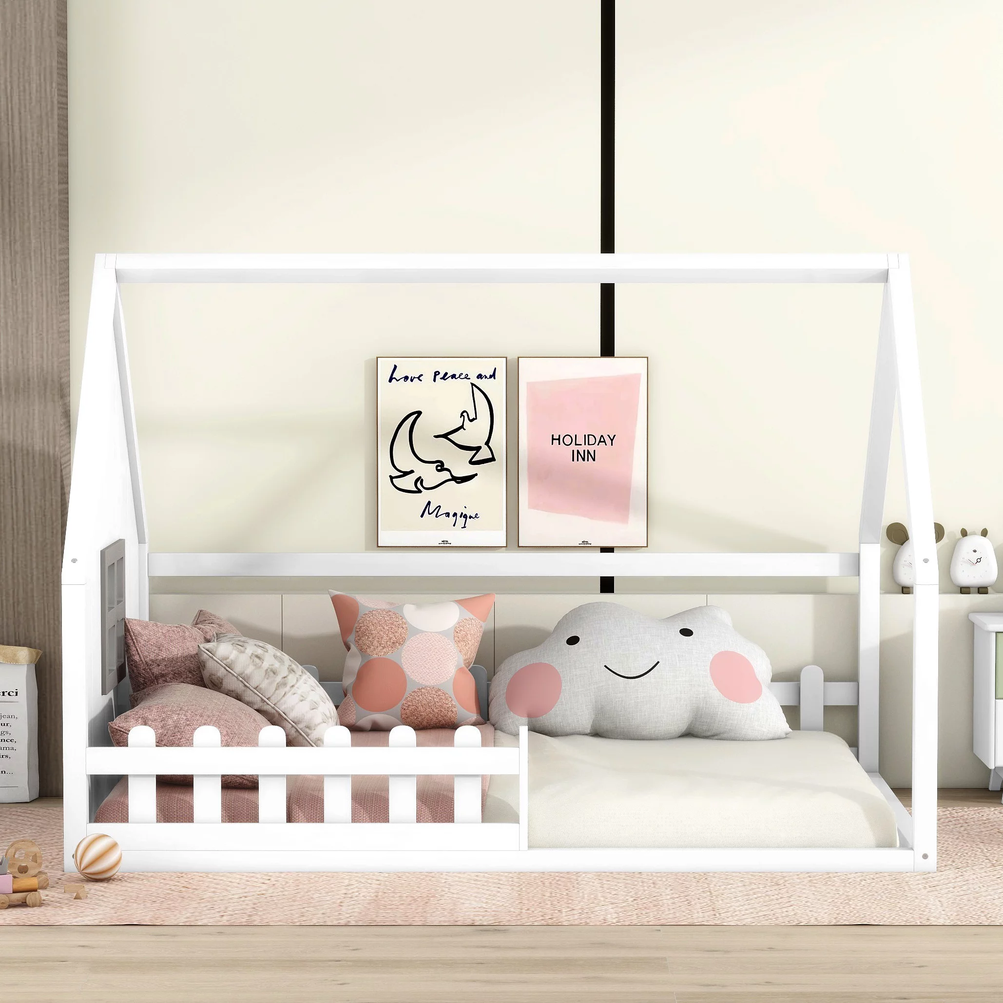 Bellemave Full Size House Bed with Fence, Wooden Montessori Floor Bed with Window for Toddler Kids Boys Girls, No Box Spring Required (White)
