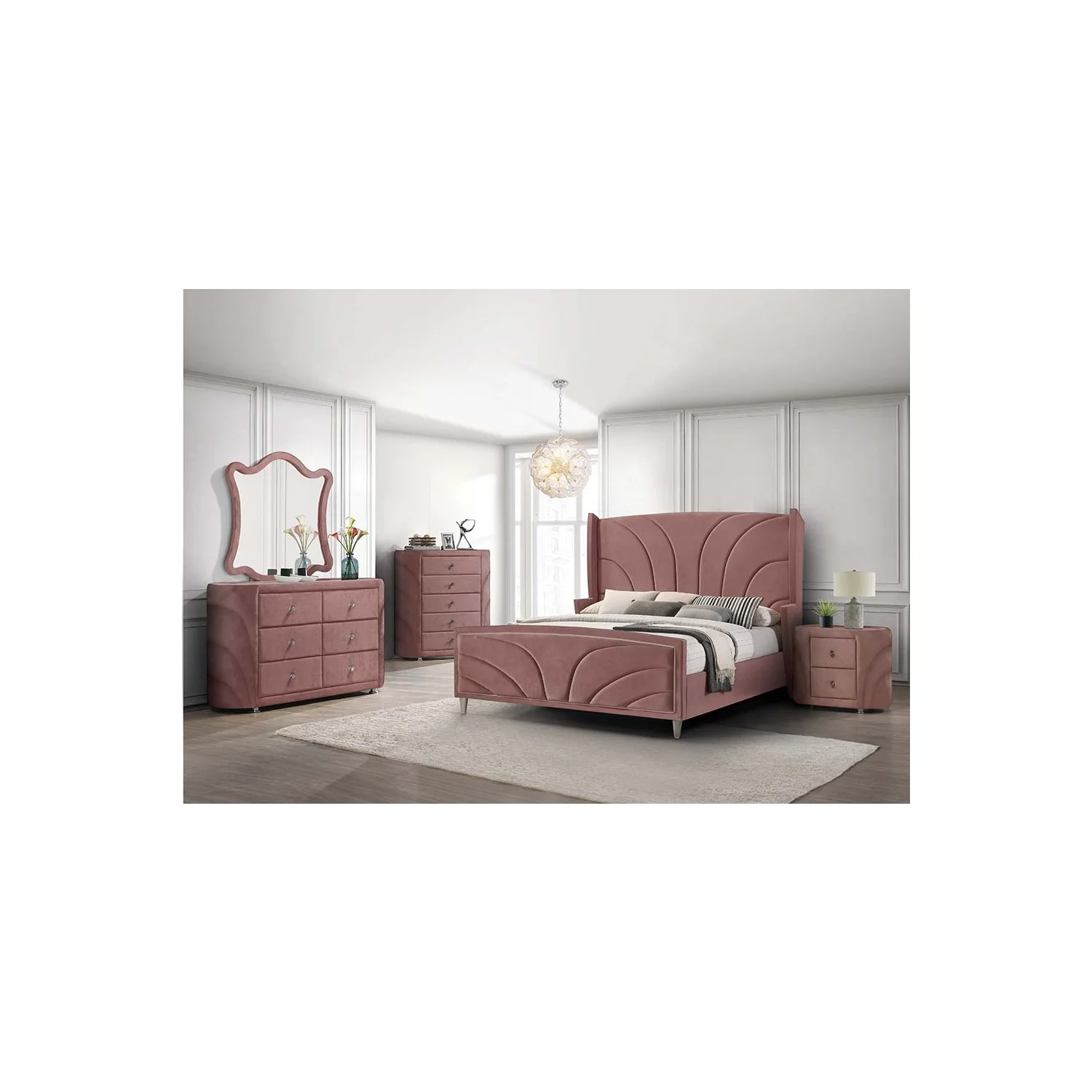 ACME Salonia Tufted Velvet Upholstery Queen Bed with Wood Leg in Pink