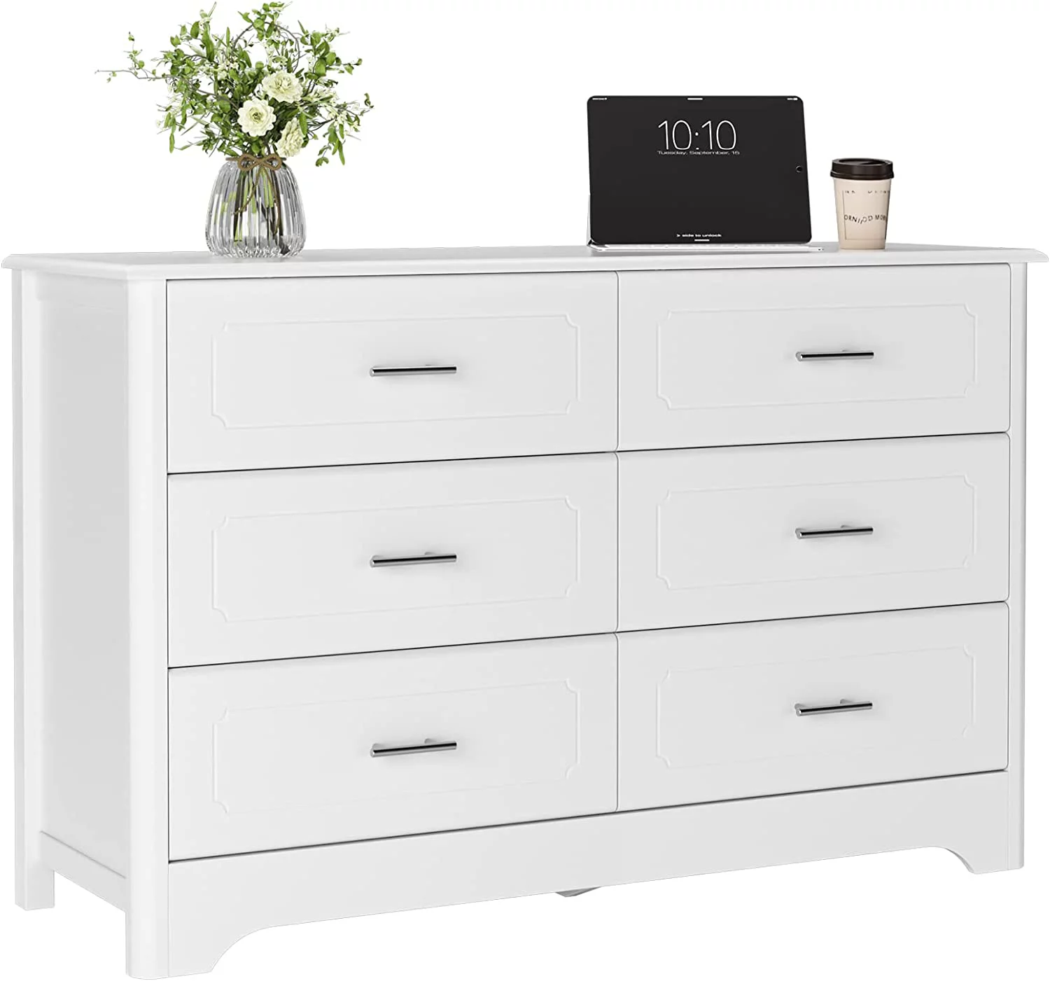HOSATCK 6 Drawer Dresser White Wide Chest of Drawers with Metal Handels Wood Double Dresser Chest Organizers for Living Room Hallway Entryway White