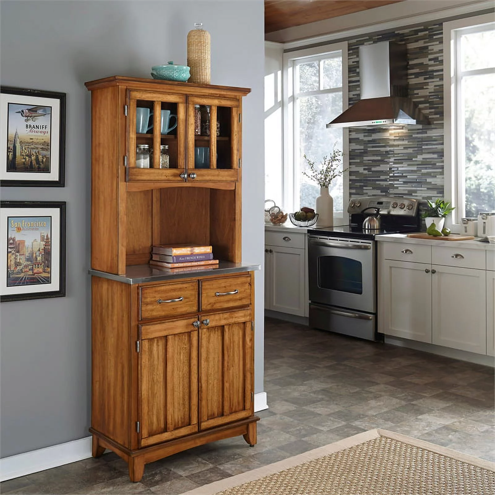 Pemberly Row 2-Drawer Adjustable Shelf Wood Buffet with Hutch in Cottage Oak