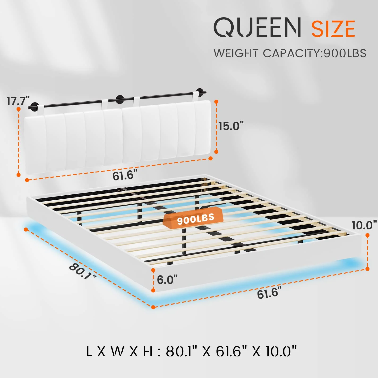 Queen Size Floating Bed Frame White Faux Leather Upholstered Platform Bed with RGB LED Lights&Wall Mounted Headboard for Bedroom,Noise Free