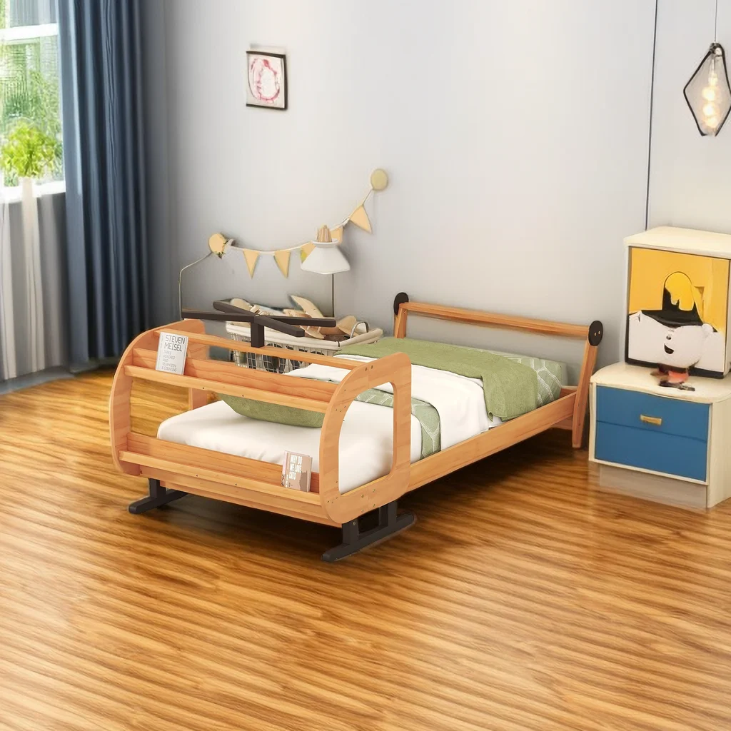Helicopter-Shaped Twin Size Platform Bed with Rotatable Propeller and Storage Shelves, Solid Wood Twin Bed Frame, Box Spring No Required