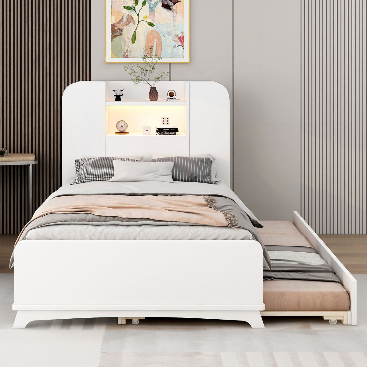 Twin Size Solid Wood Bed Frame with Trundle and Light Strip Design in Headboard, Platform Bed Frame, Mid Century Bedframe, Wood Foundation(White, Twin)